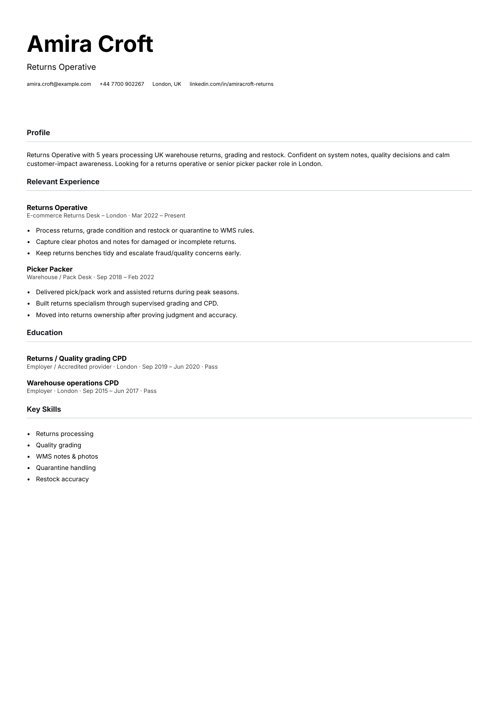 returns operative CV template