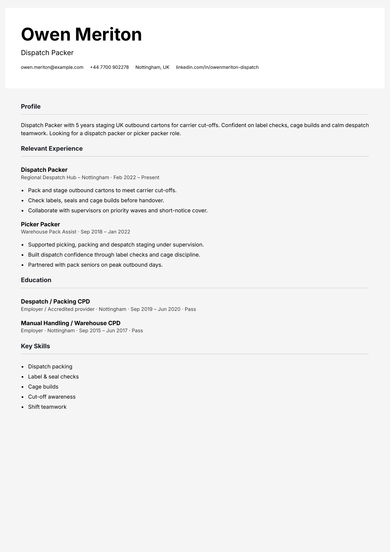 dispatch packer CV template