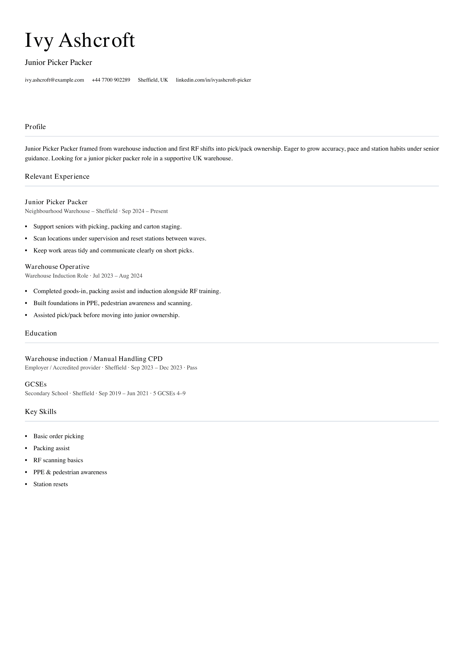 junior picker packer CV template