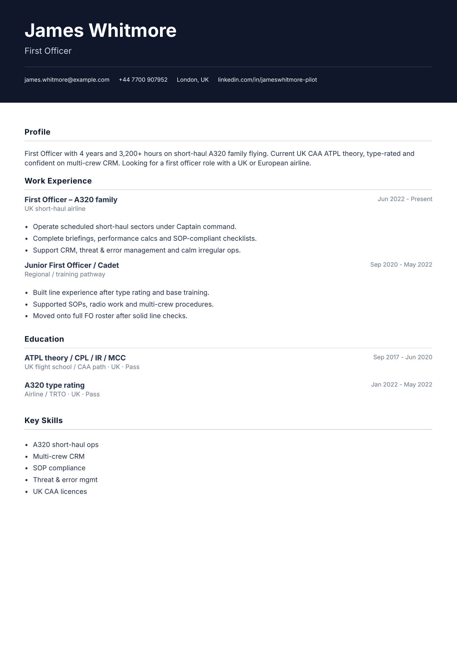 First officer CV template