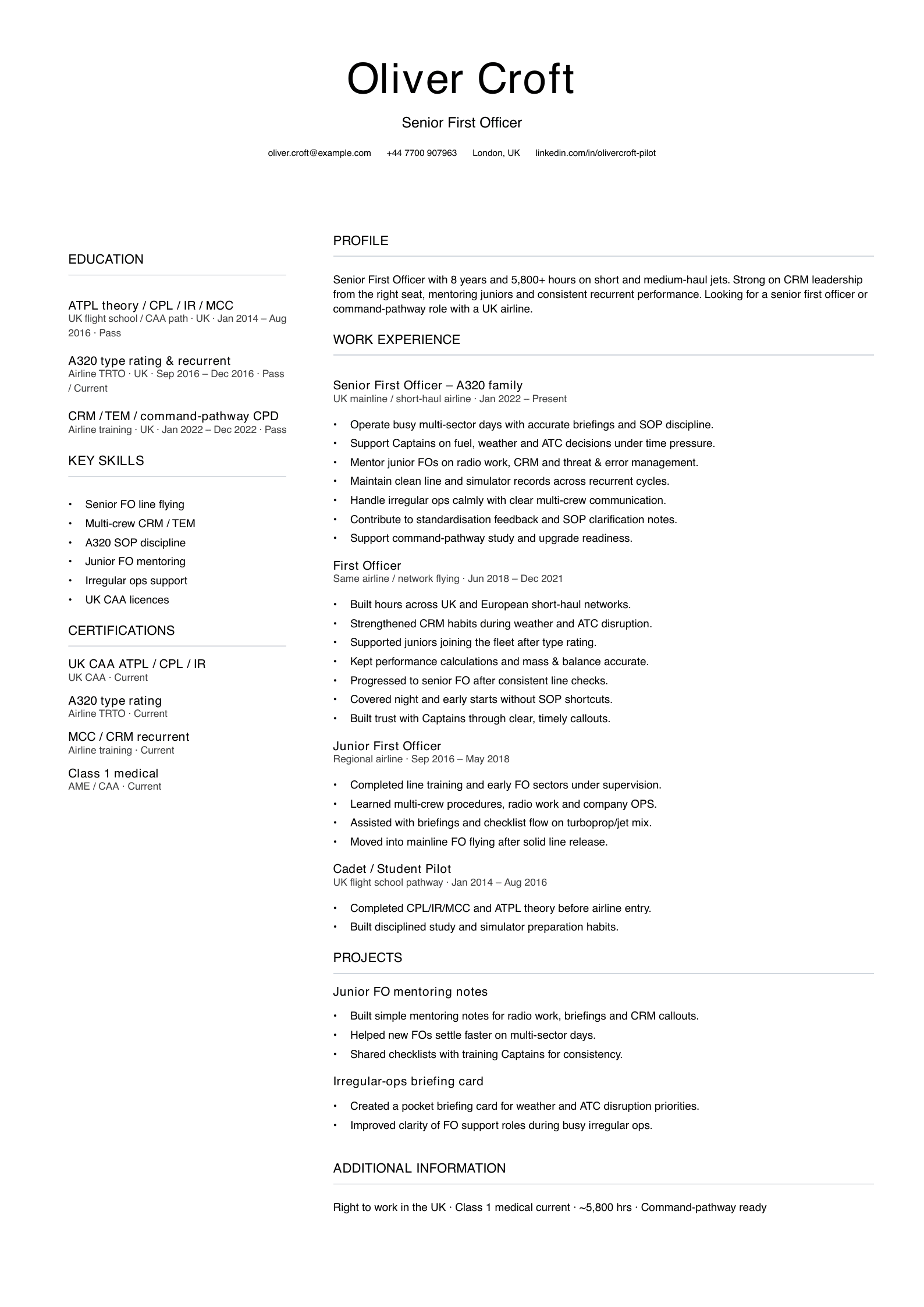 senior first officer CV template
