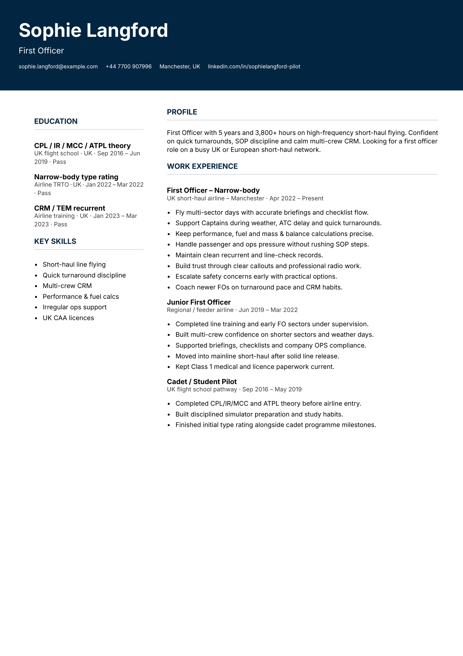 short-haul first officer CV template