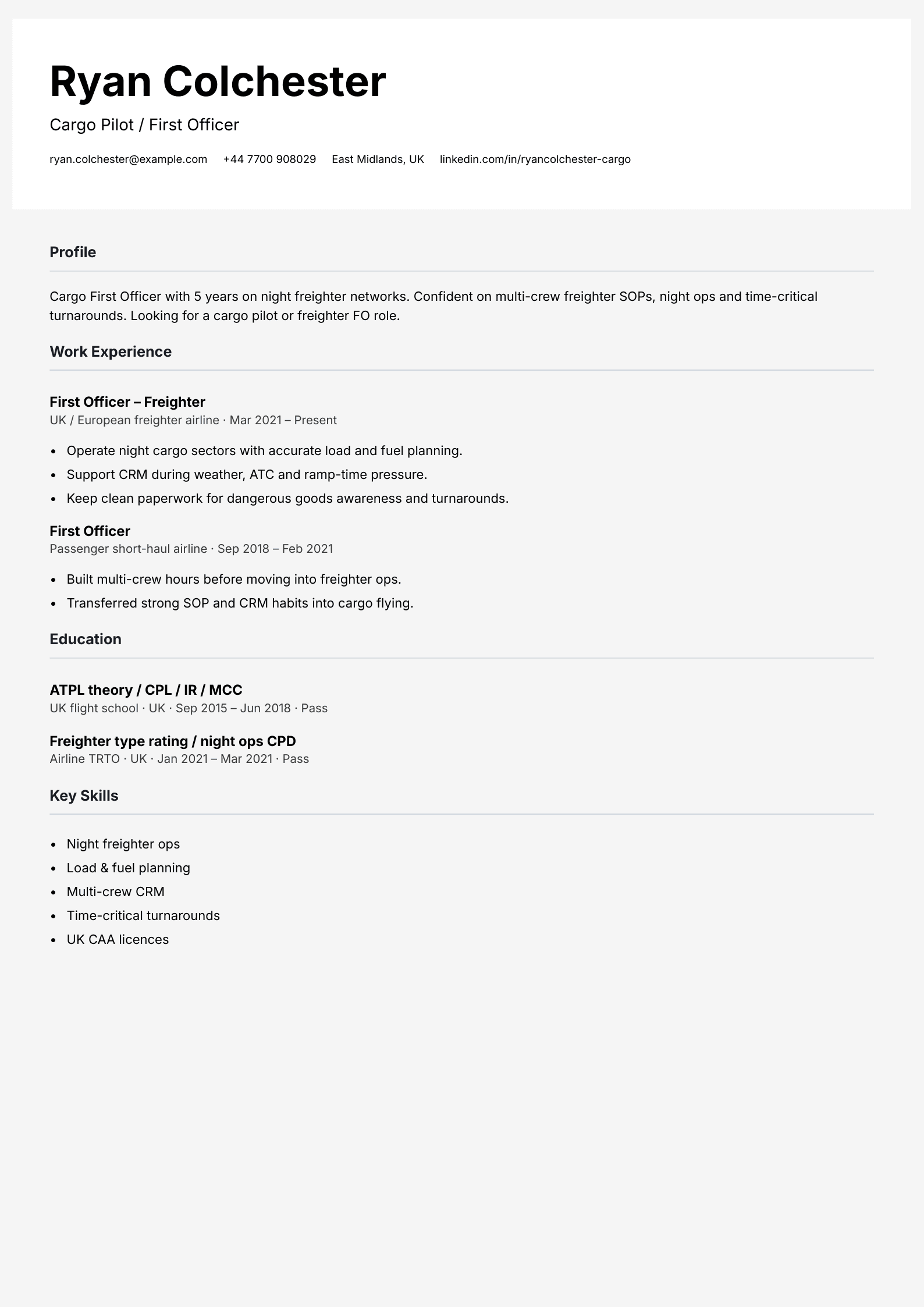 cargo pilot CV template