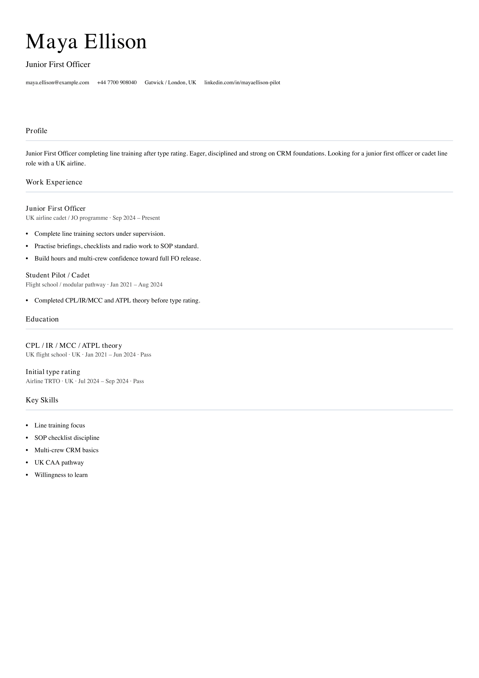 junior first officer CV template