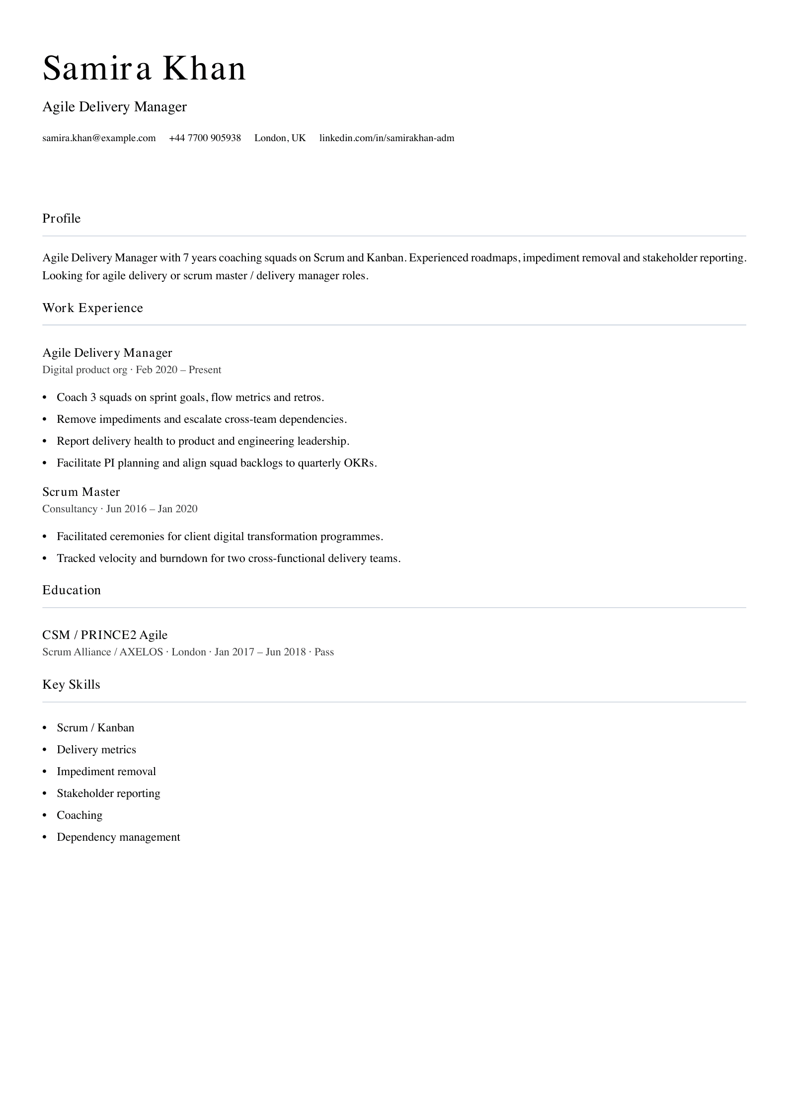 agile squad delivery manager cv template