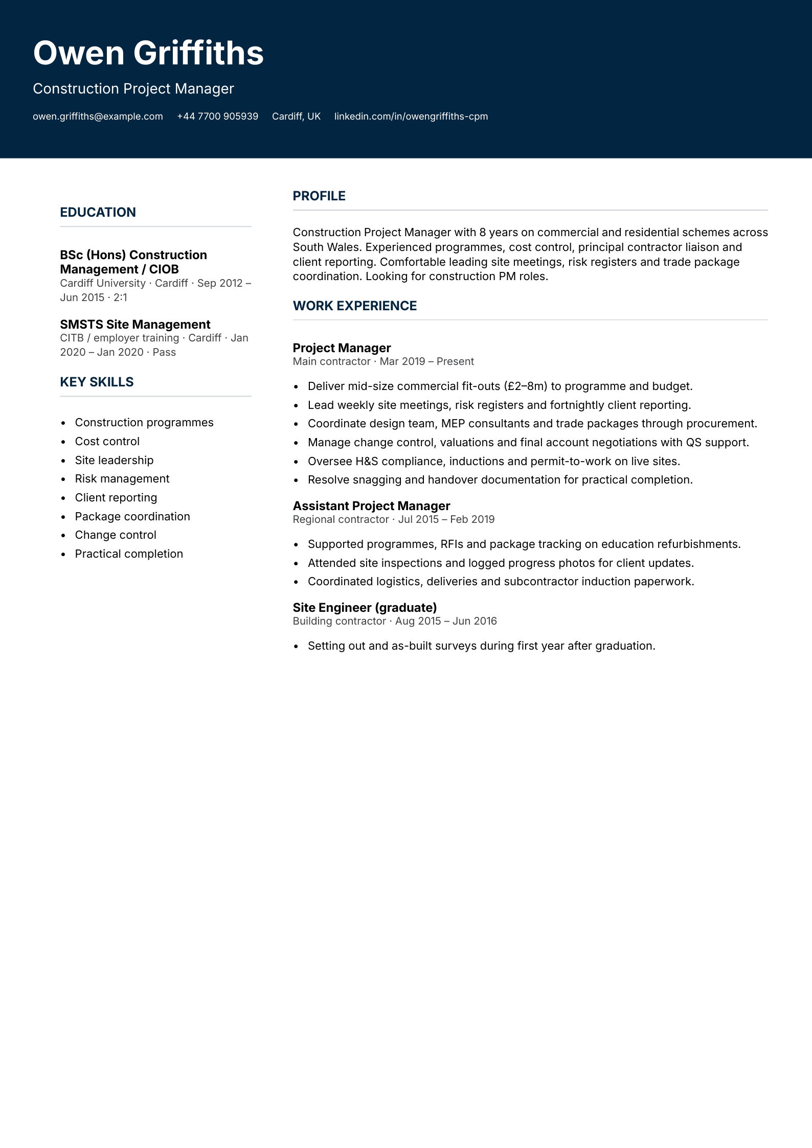 commercial construction pm cv template