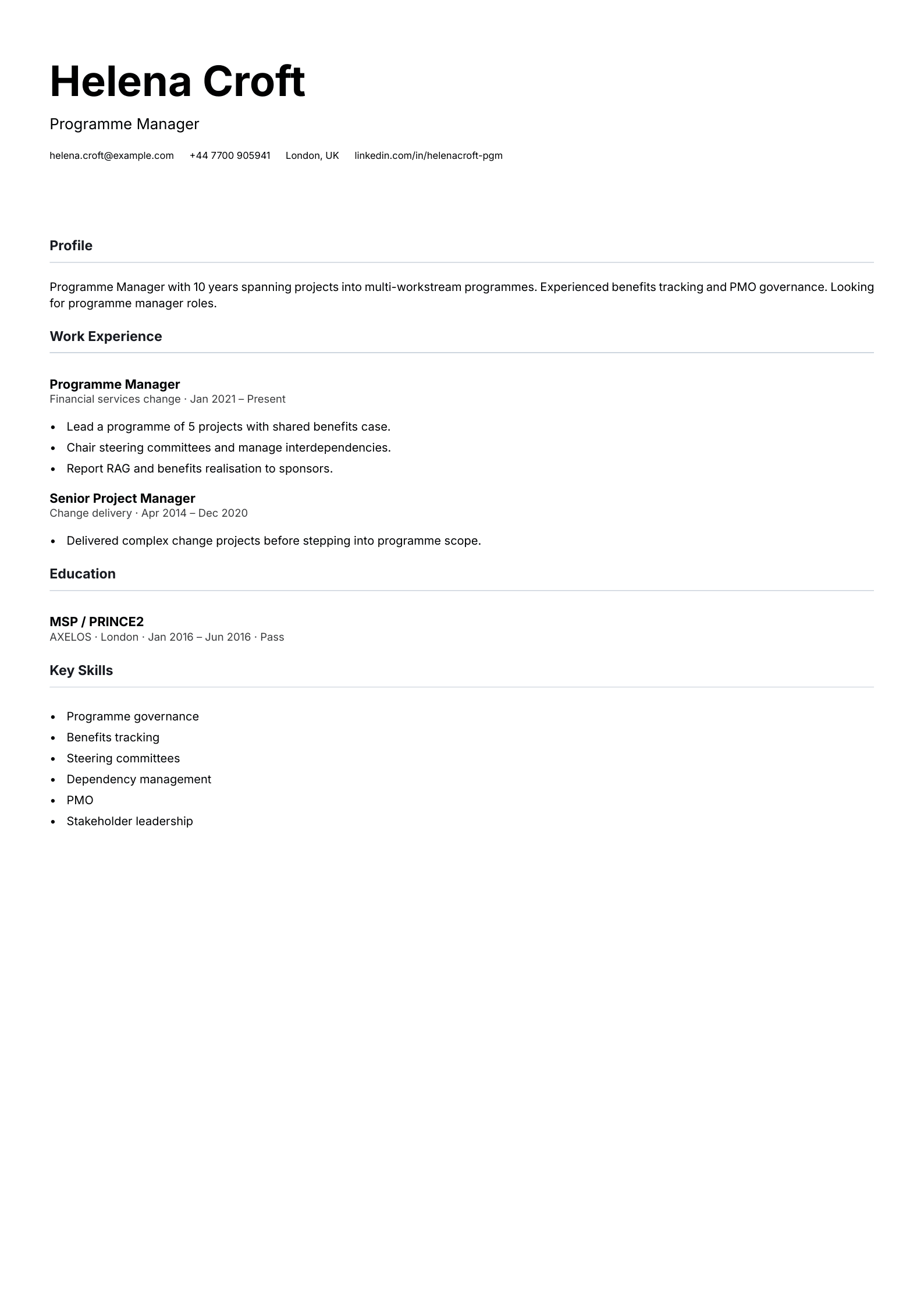 change programme manager cv template