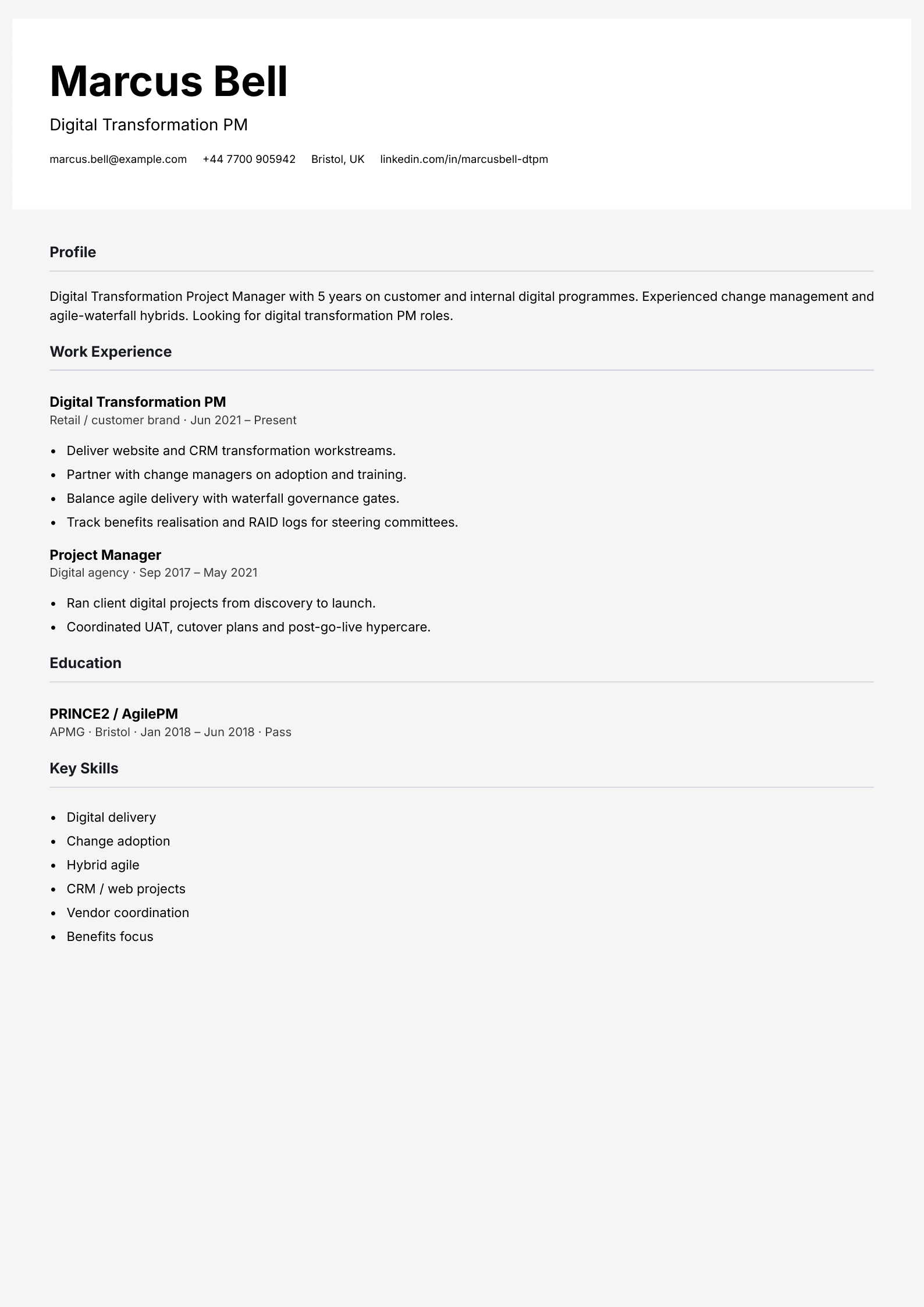 digital transformation pm cv template