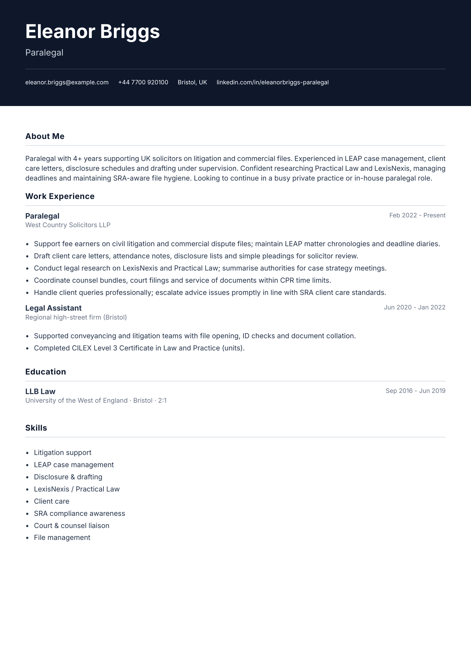 Paralegal CV template