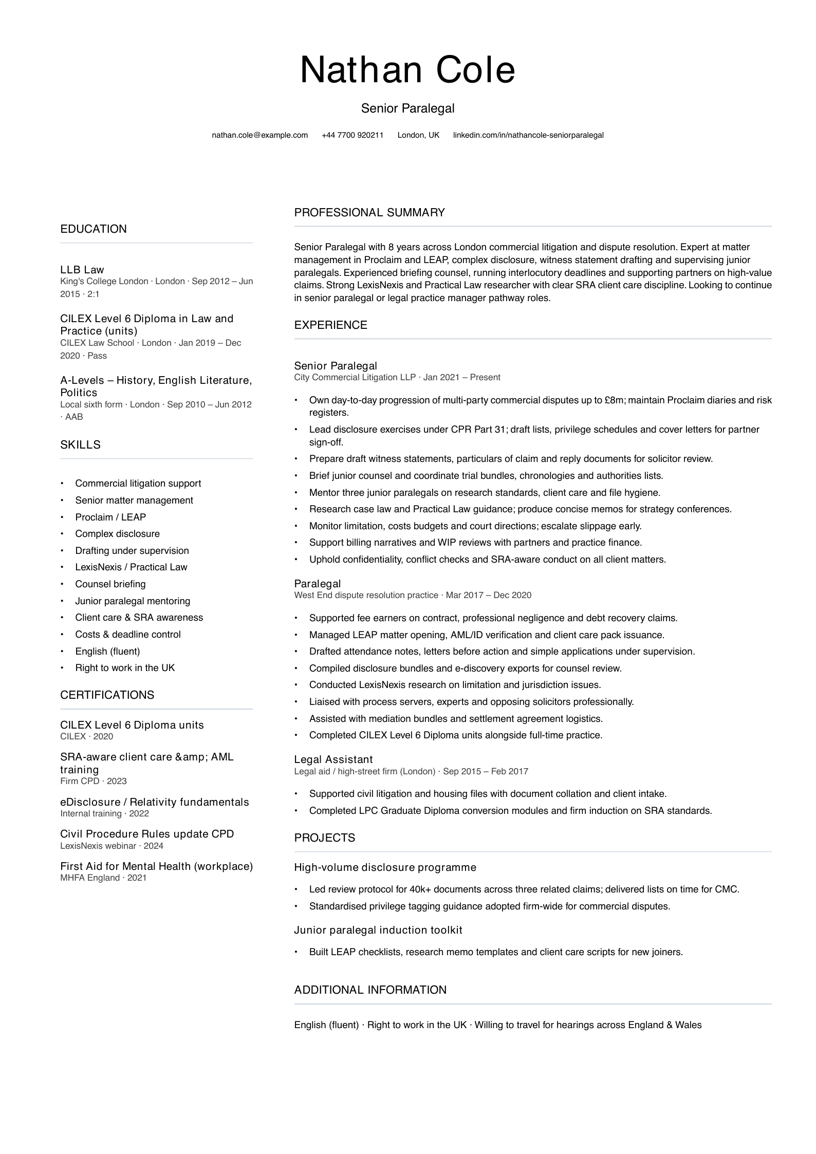senior paralegal cv template
