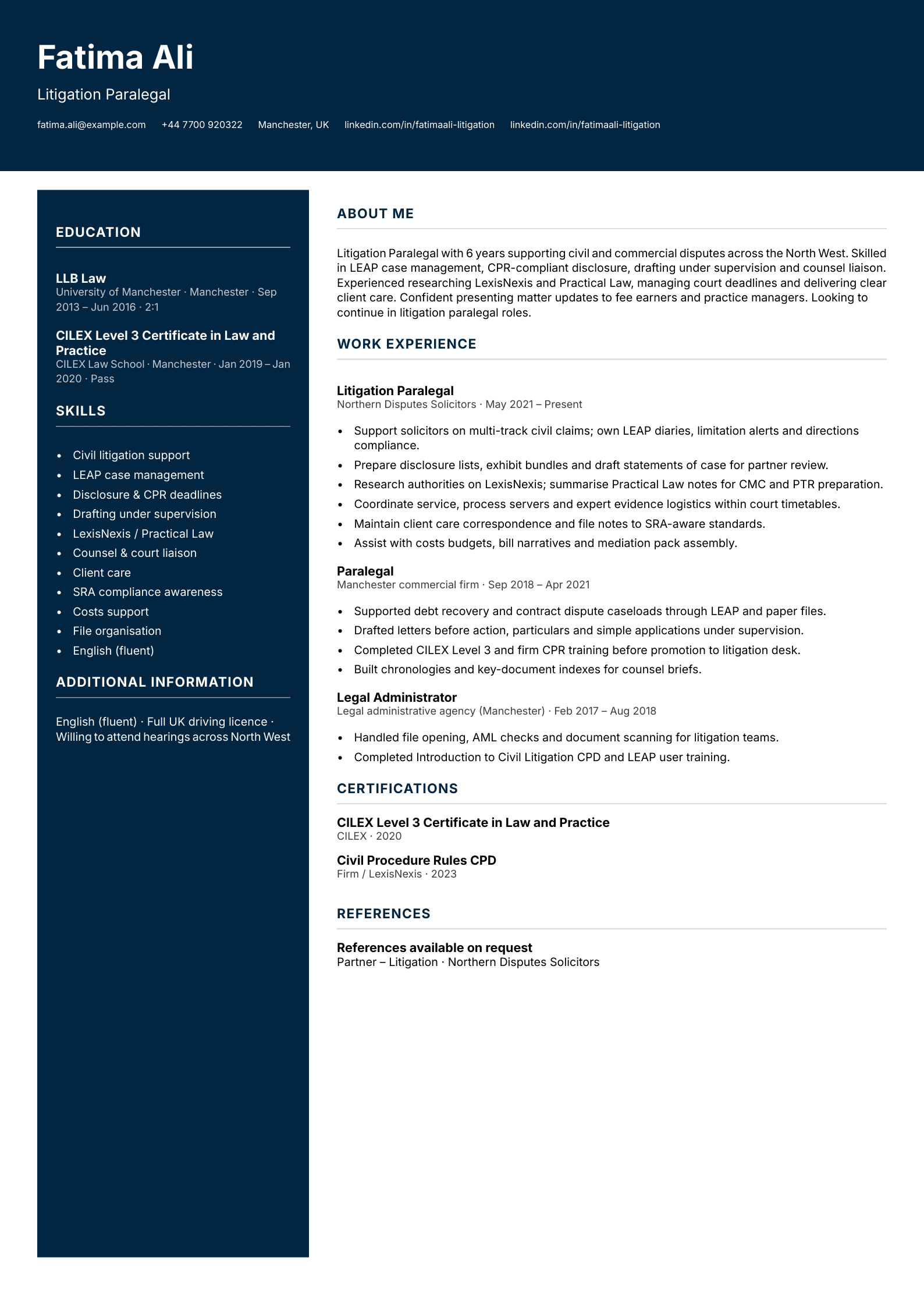 Litigation paralegal CV template