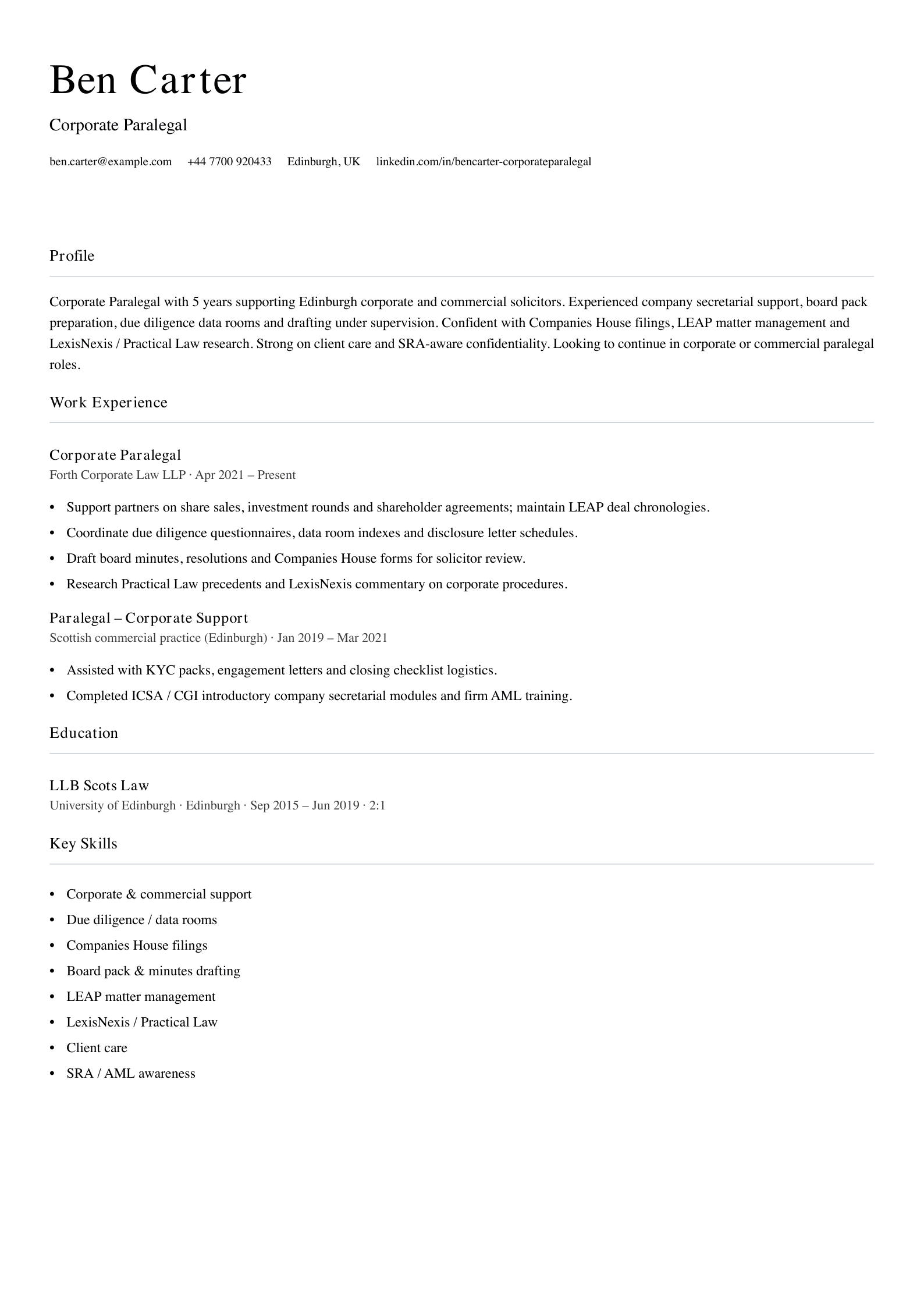 corporate paralegal cv template