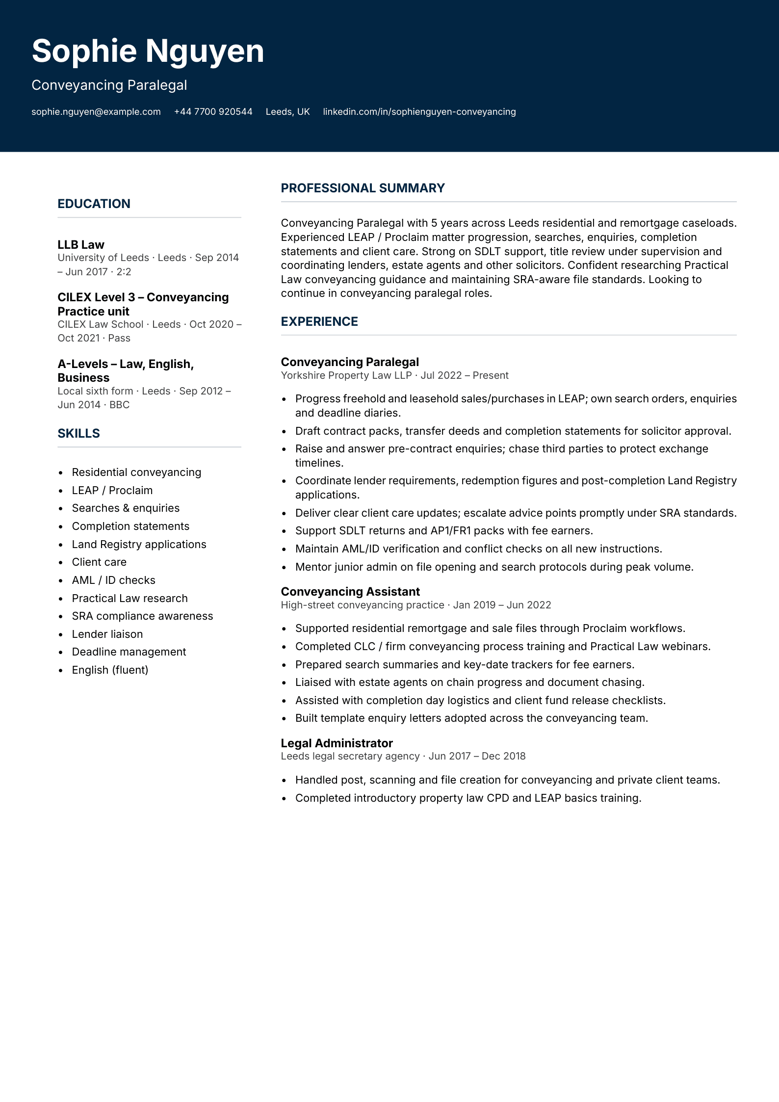 Conveyancing paralegal CV template
