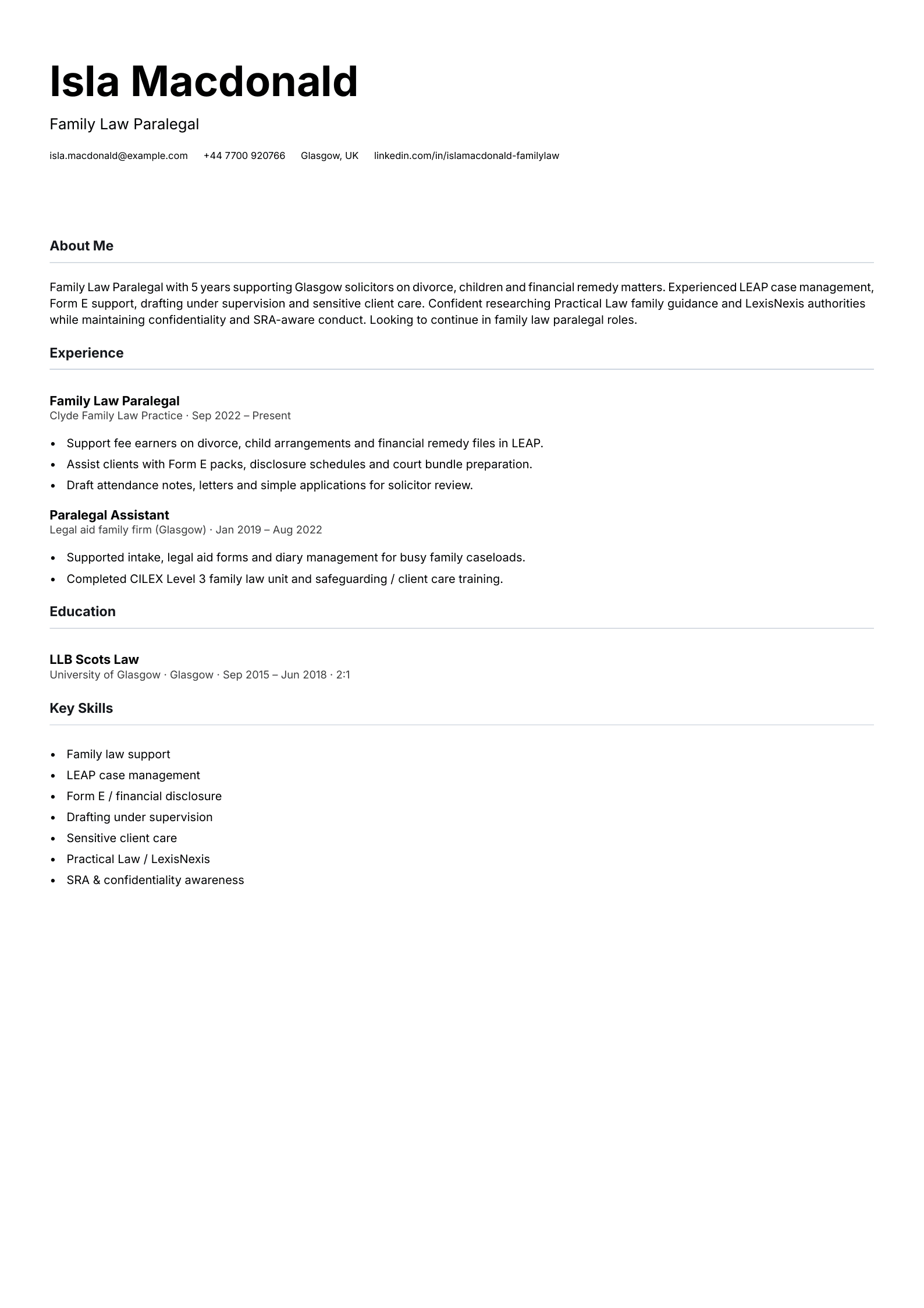 family law paralegal cv template