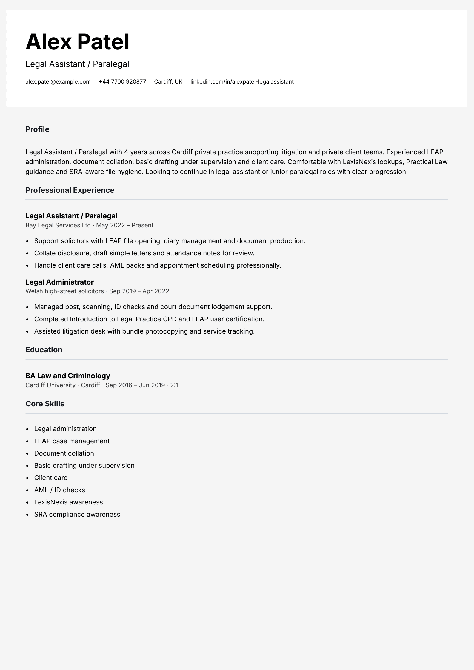 legal assistant paralegal cv template