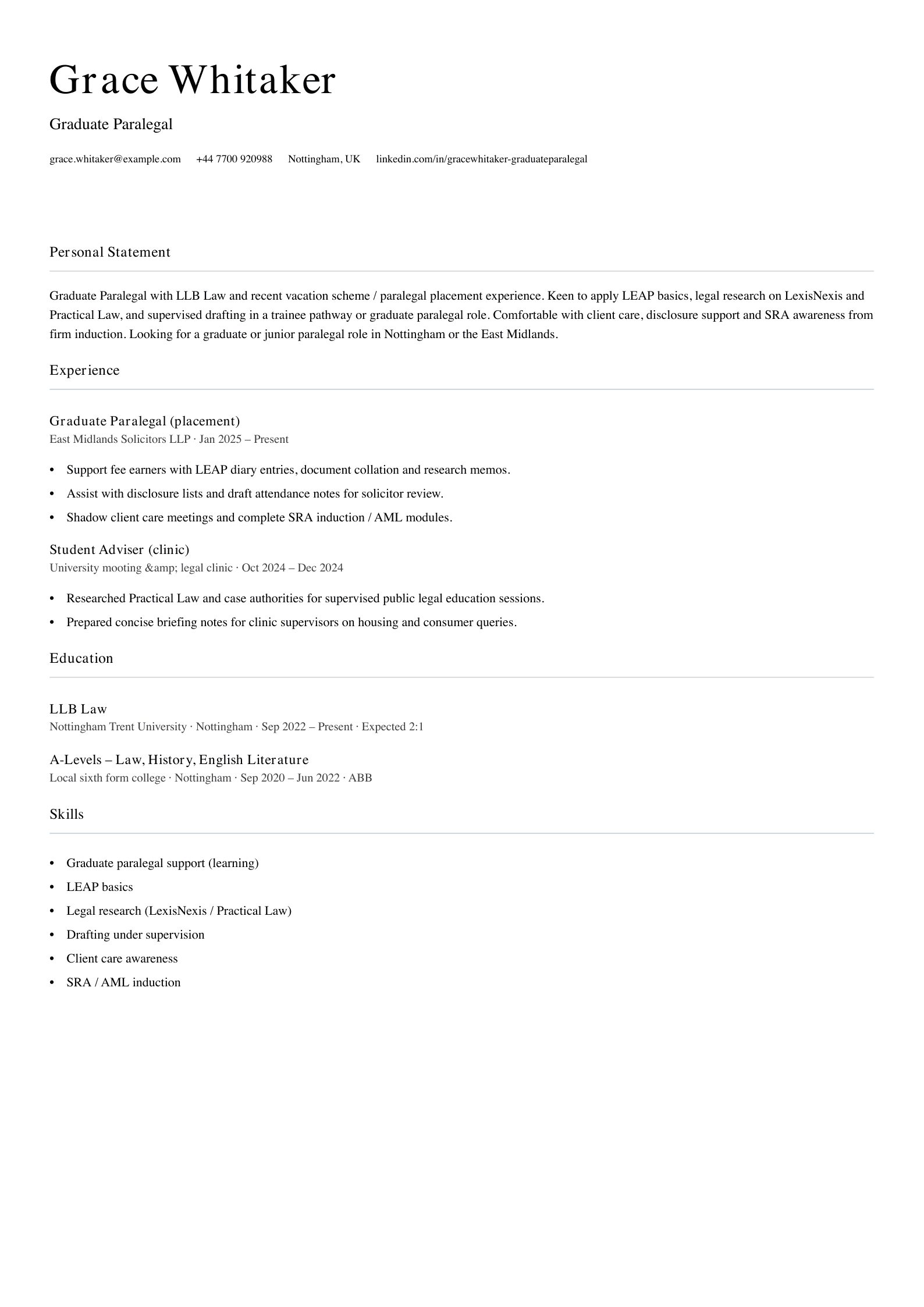 graduate paralegal cv template