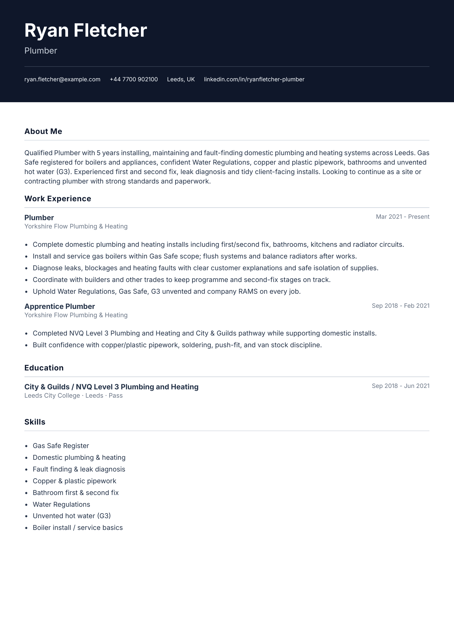 plumber cv template
