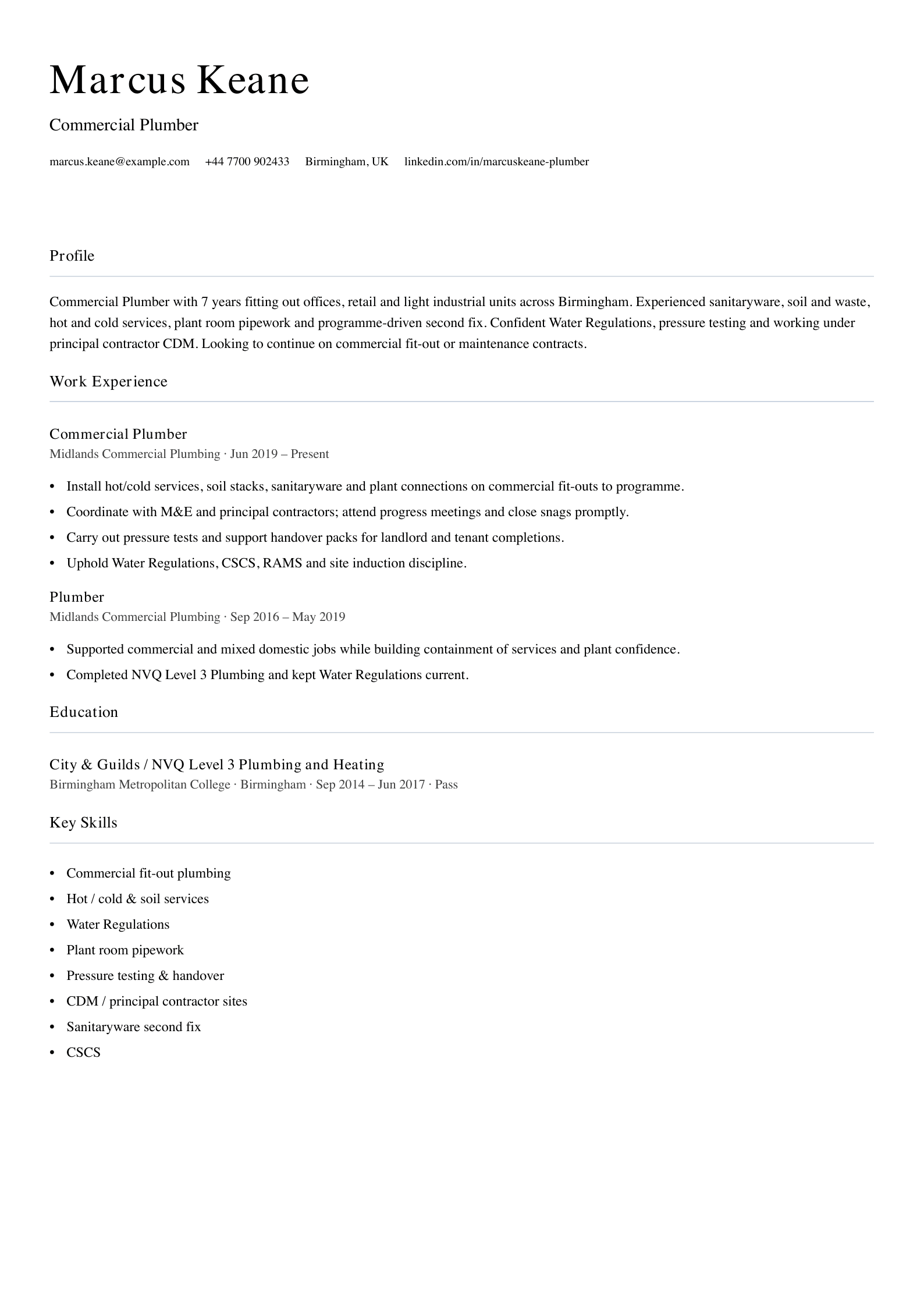 commercial plumber cv template