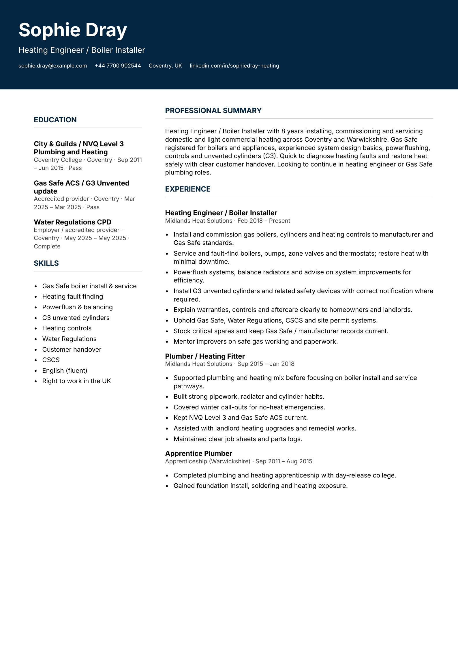 heating engineer boiler installer cv template