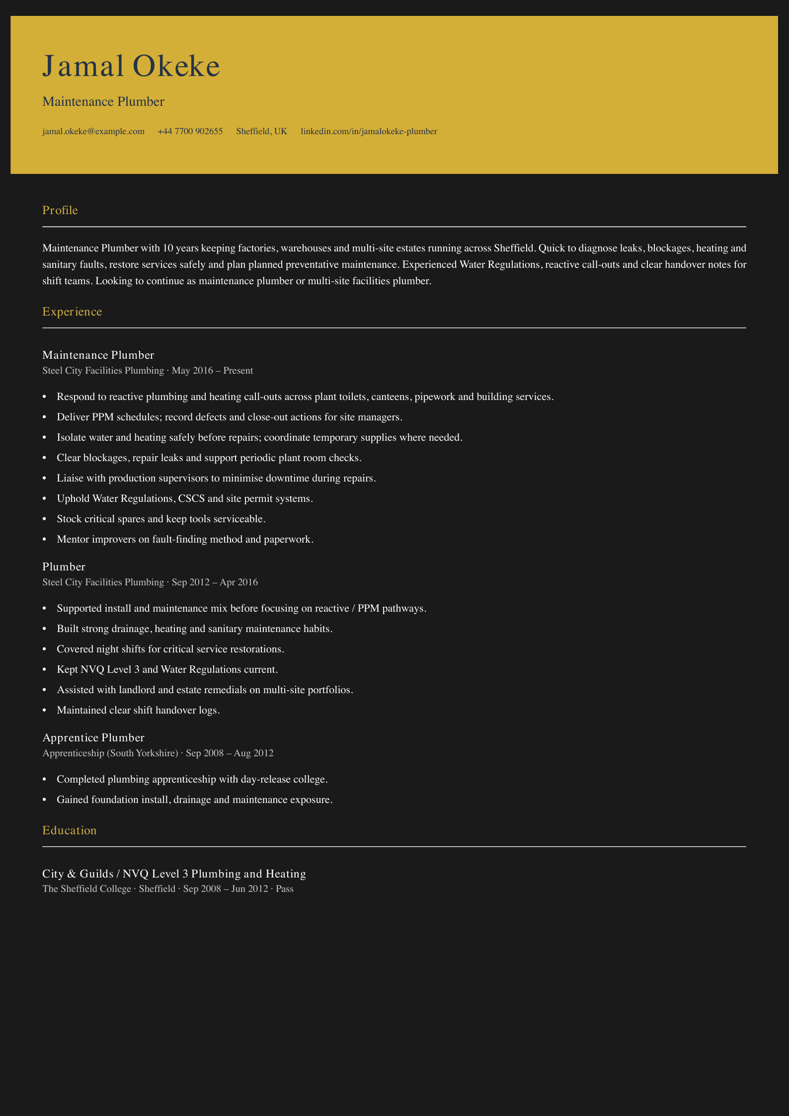 maintenance plumber cv template