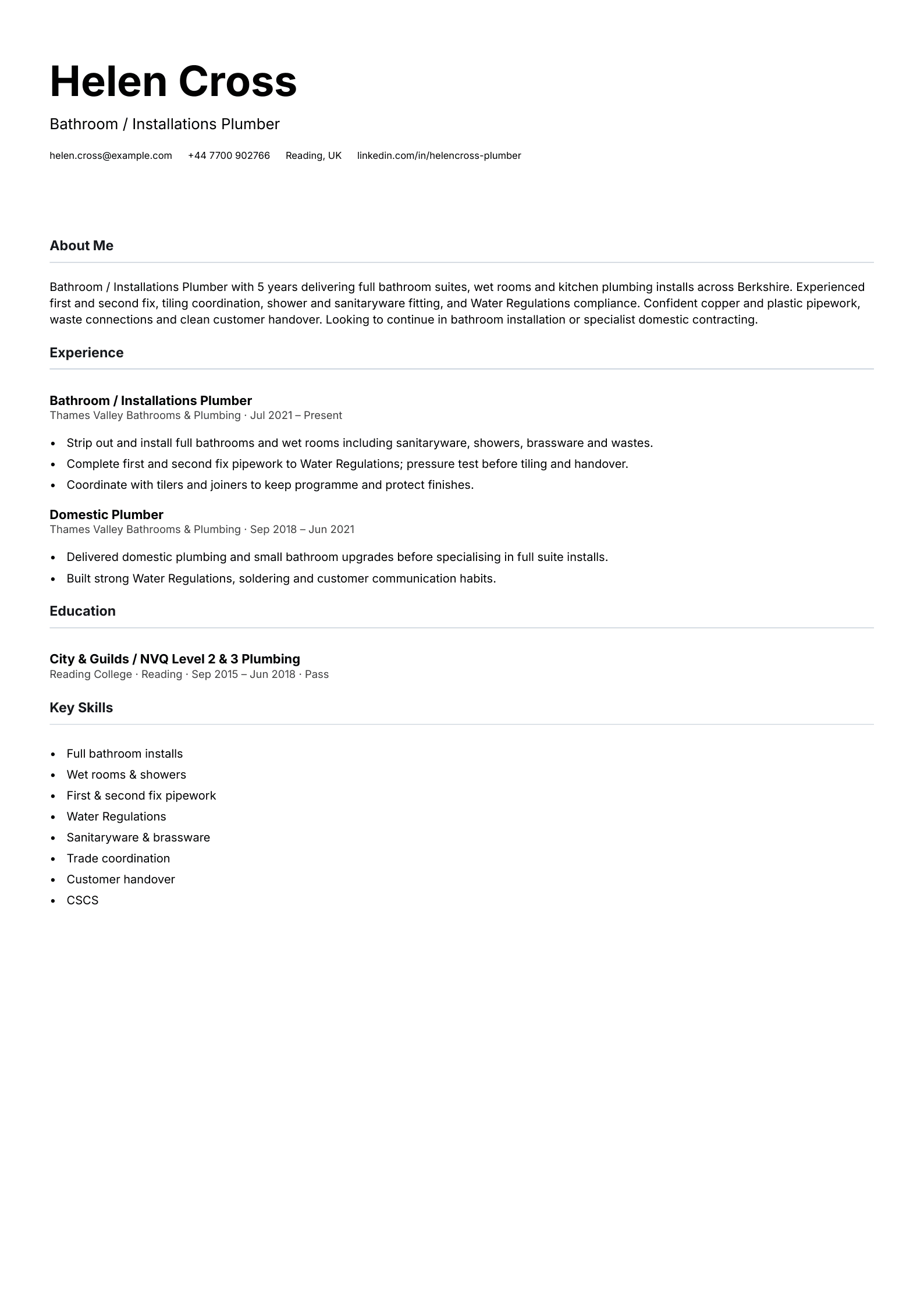 bathroom installations plumber cv template