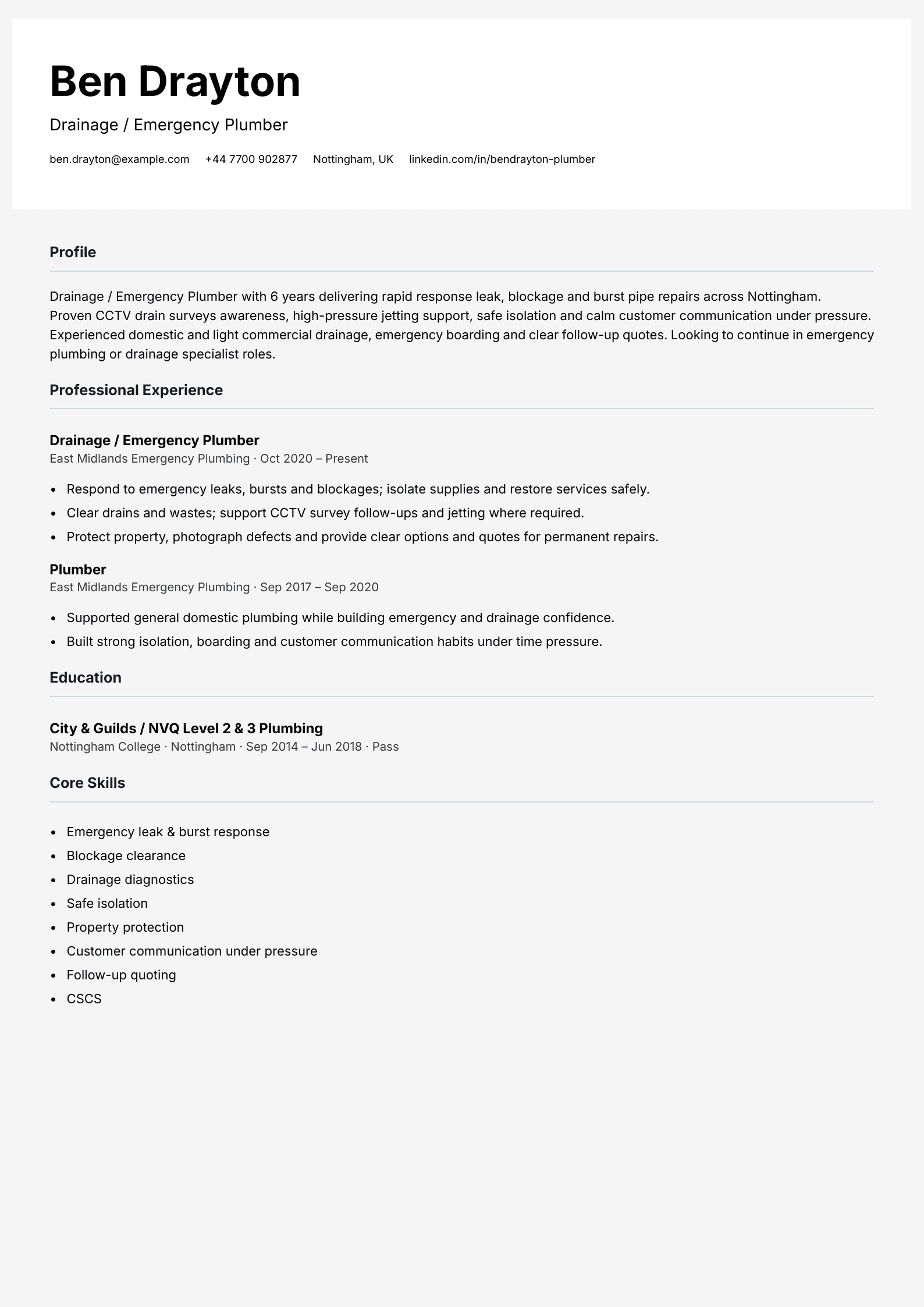 drainage emergency plumber cv template