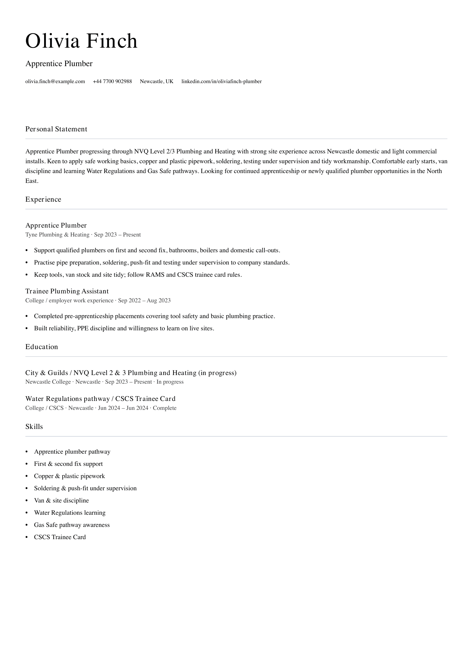 apprentice plumber cv template