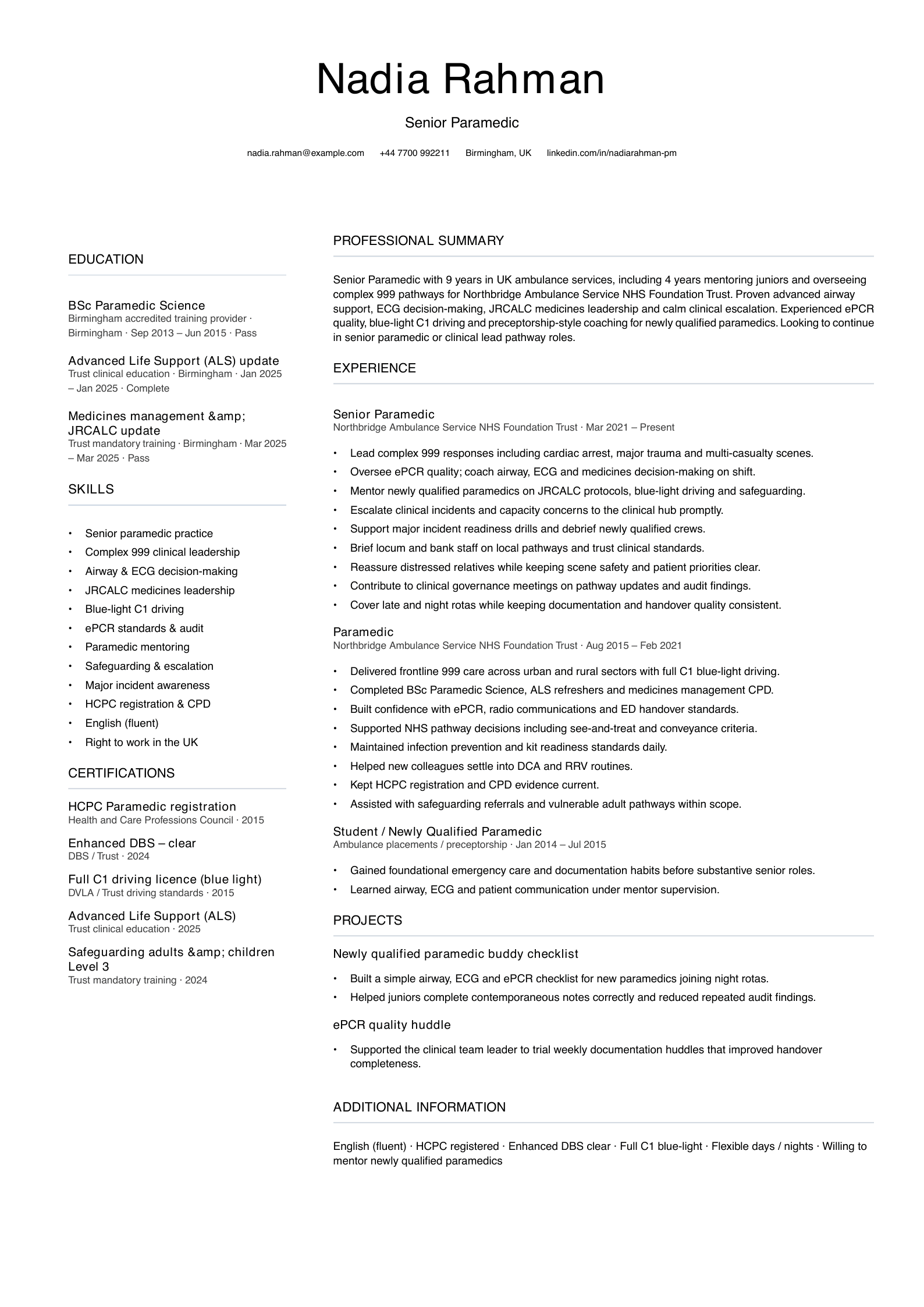 senior paramedic cv template