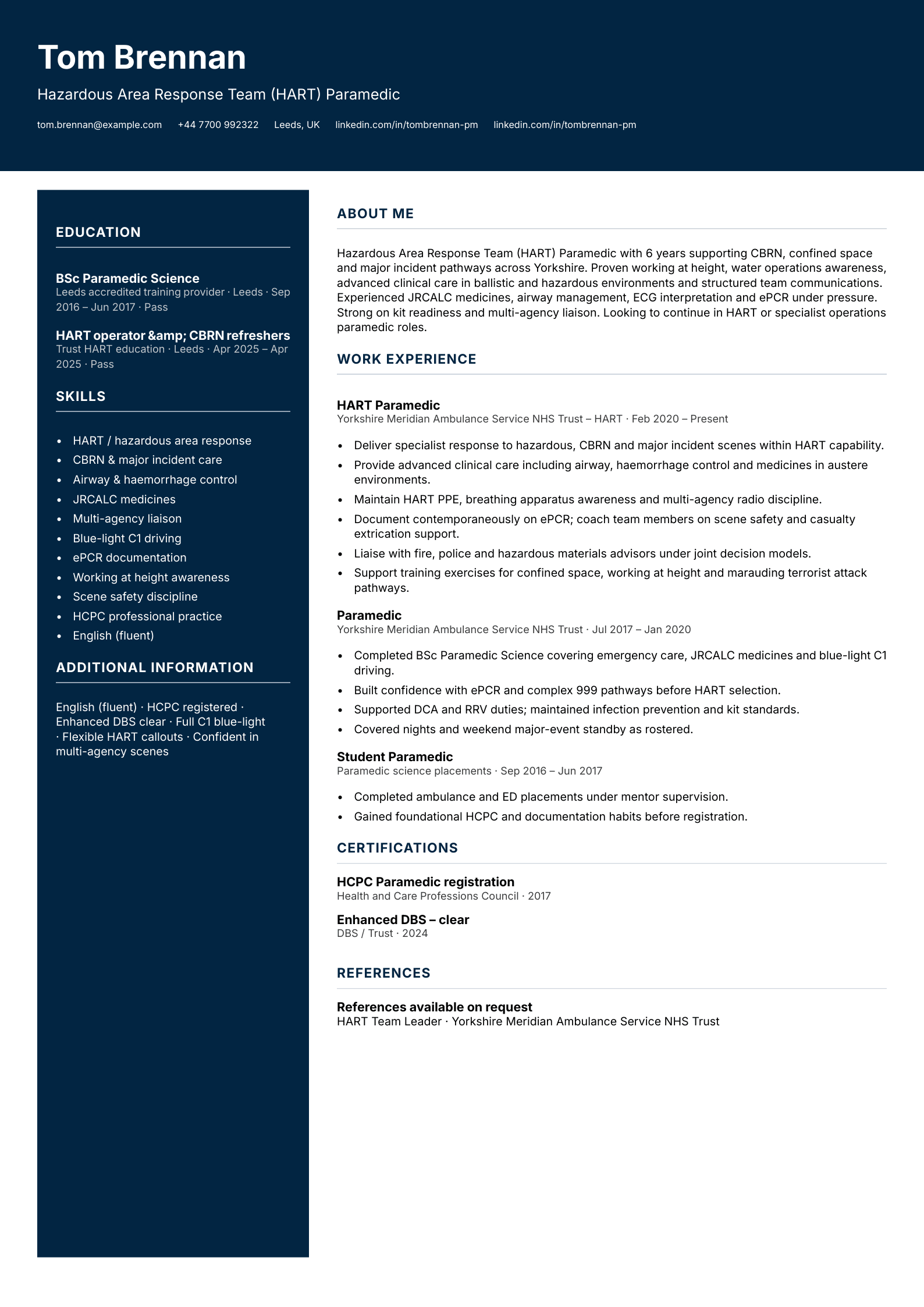 HART paramedic CV template