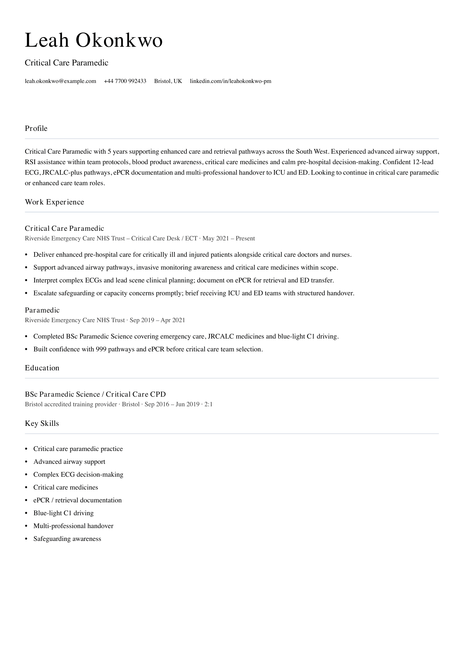 critical care paramedic cv template