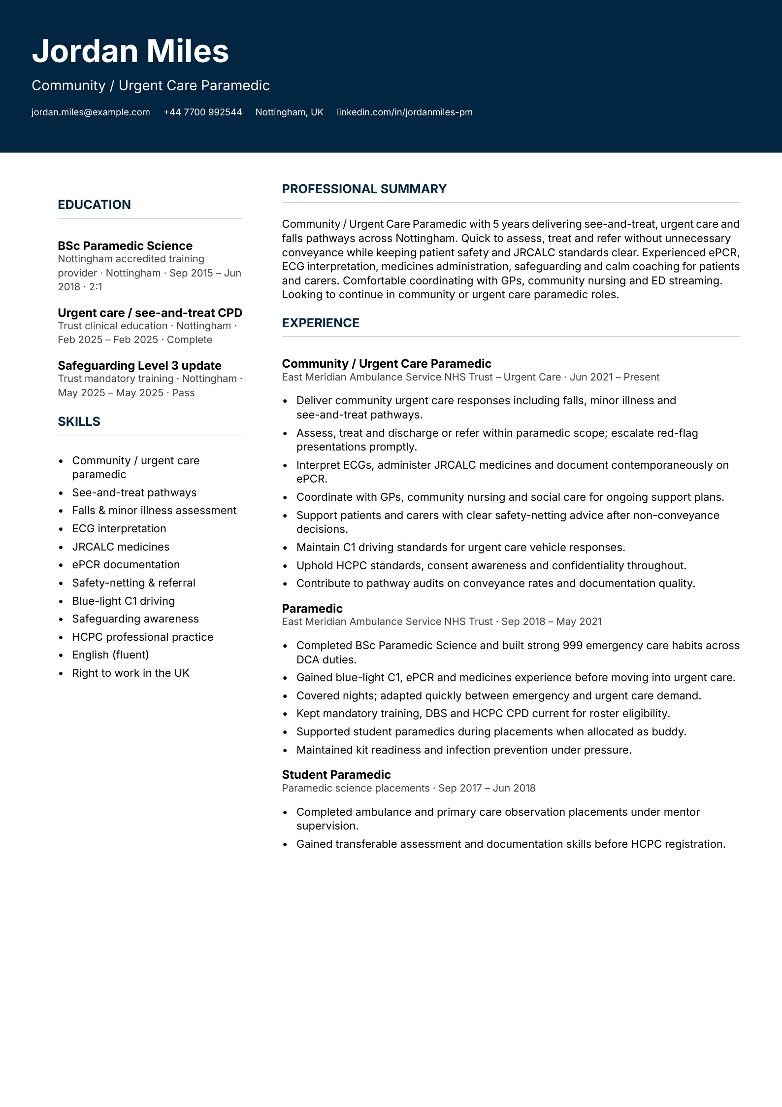 Community urgent care paramedic CV template