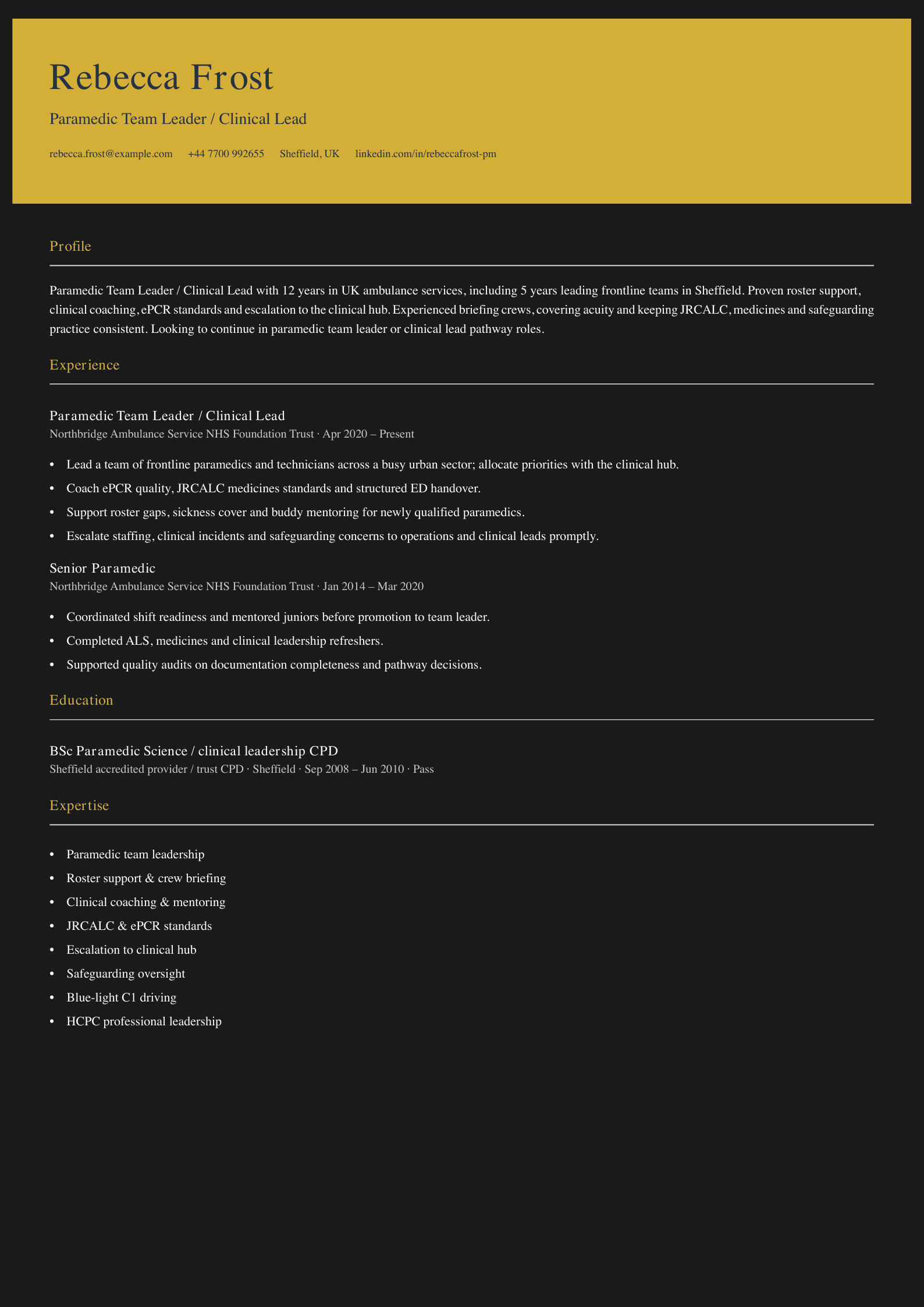paramedic team leader clinical lead cv template