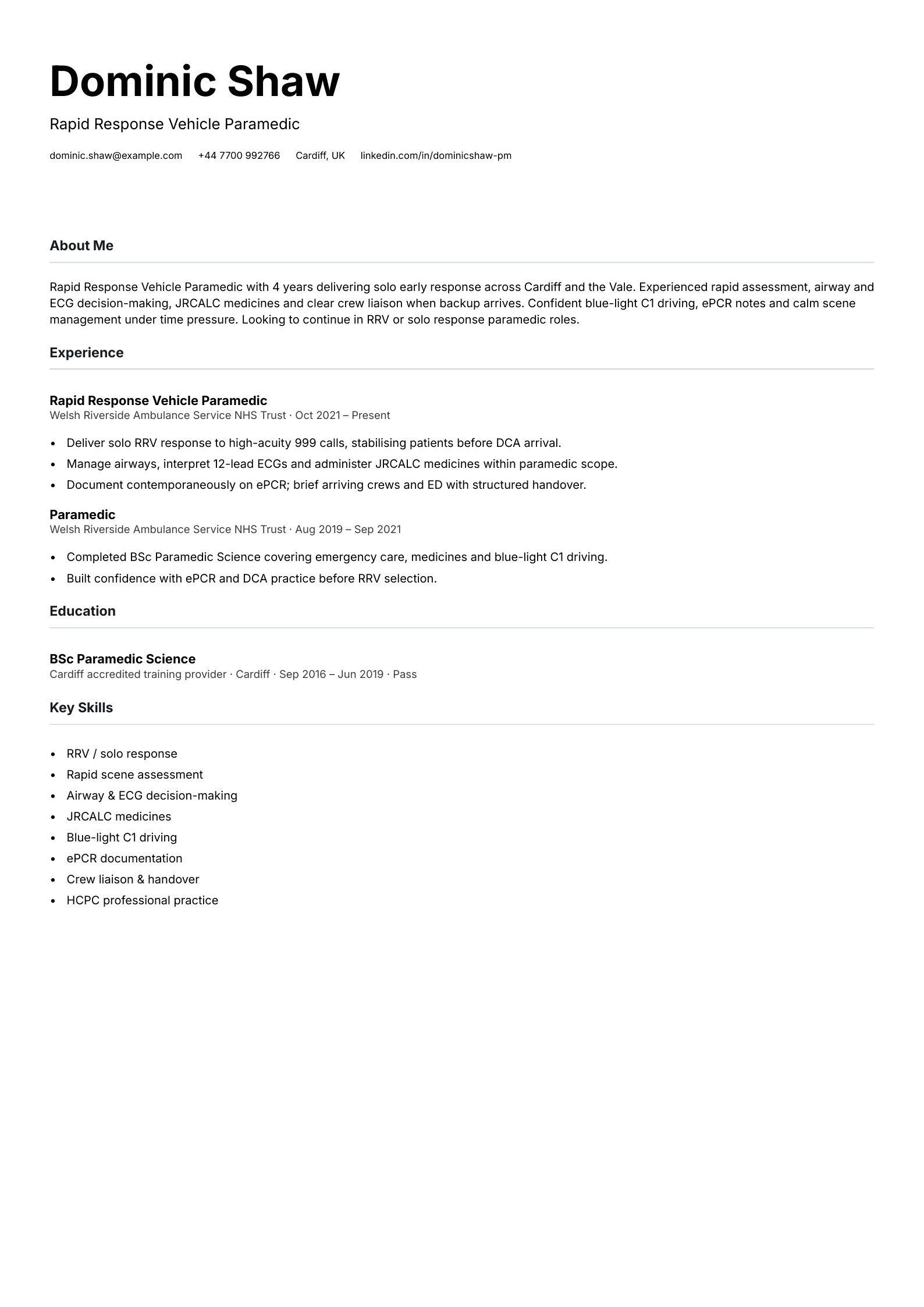 rapid response vehicle paramedic cv template