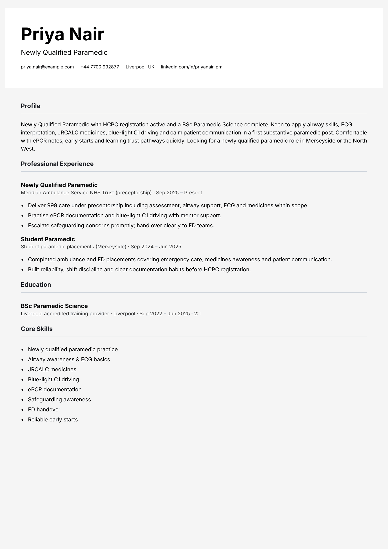 newly qualified paramedic cv template