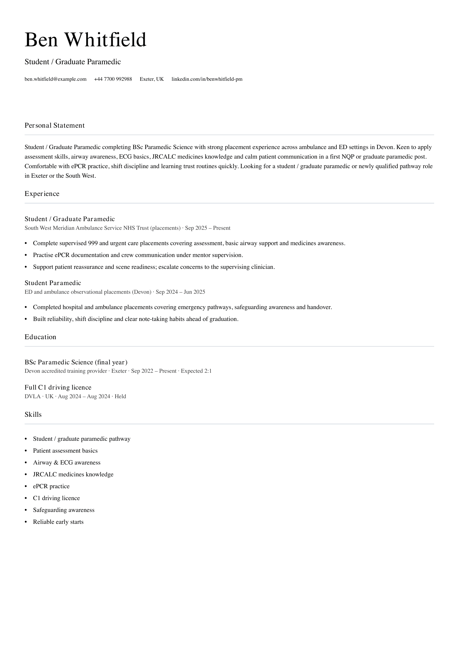 student graduate paramedic cv template