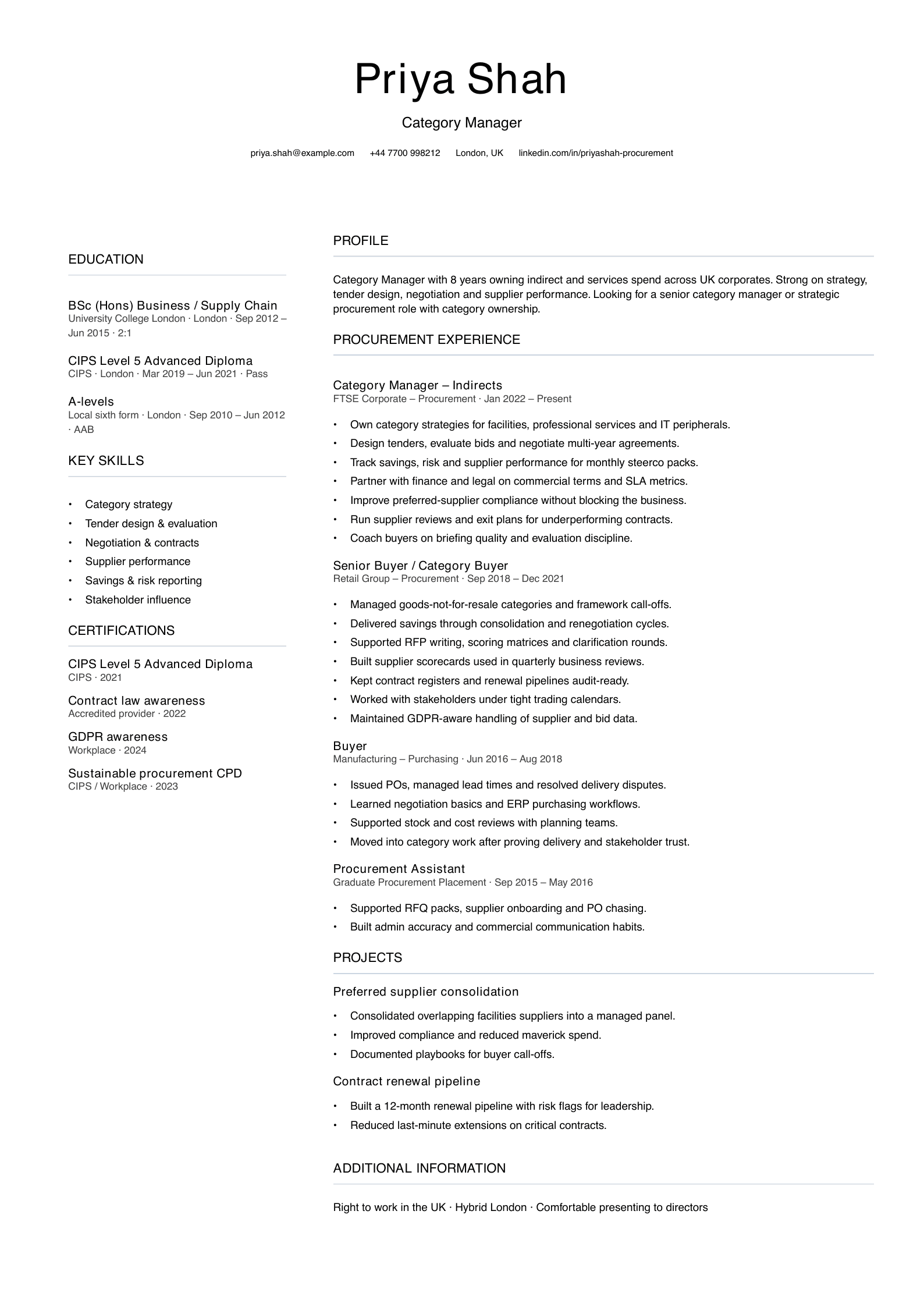 category manager CV template