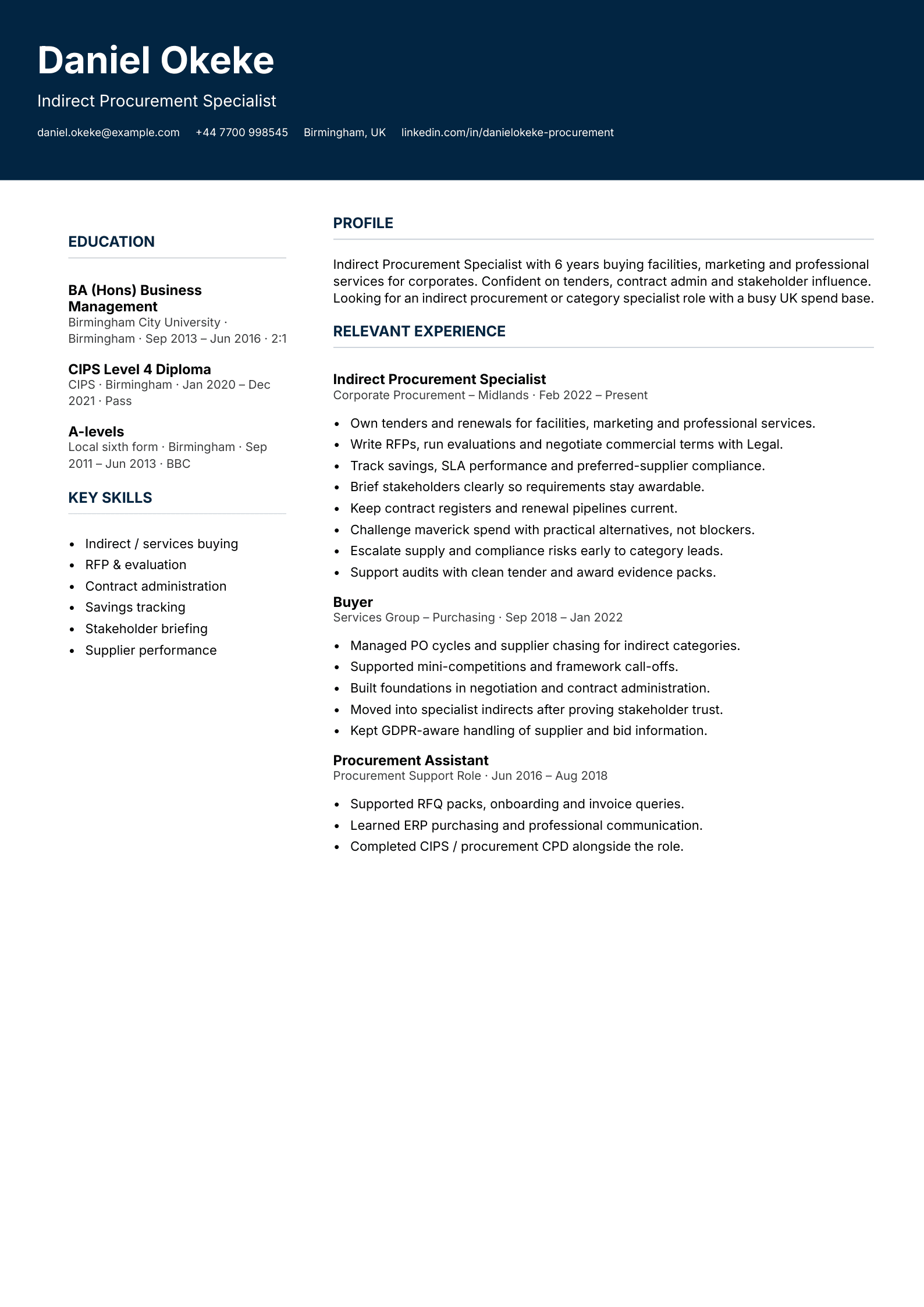 indirect procurement CV template