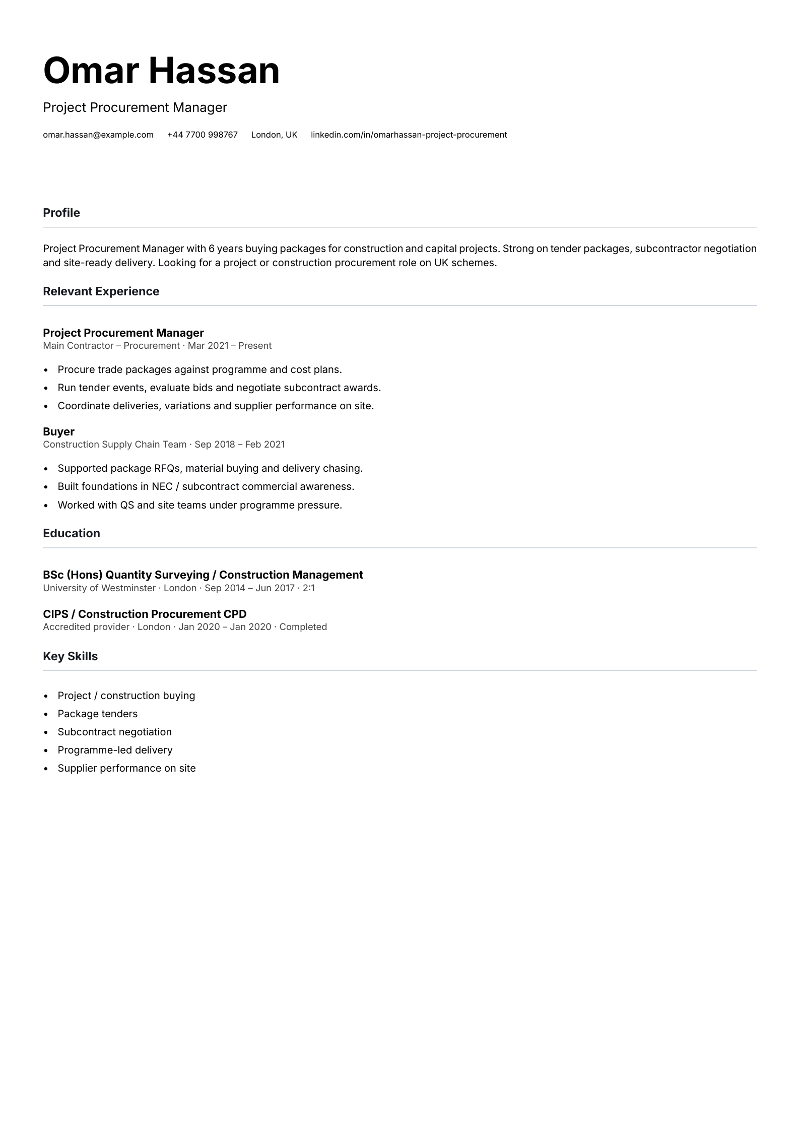 project procurement CV template