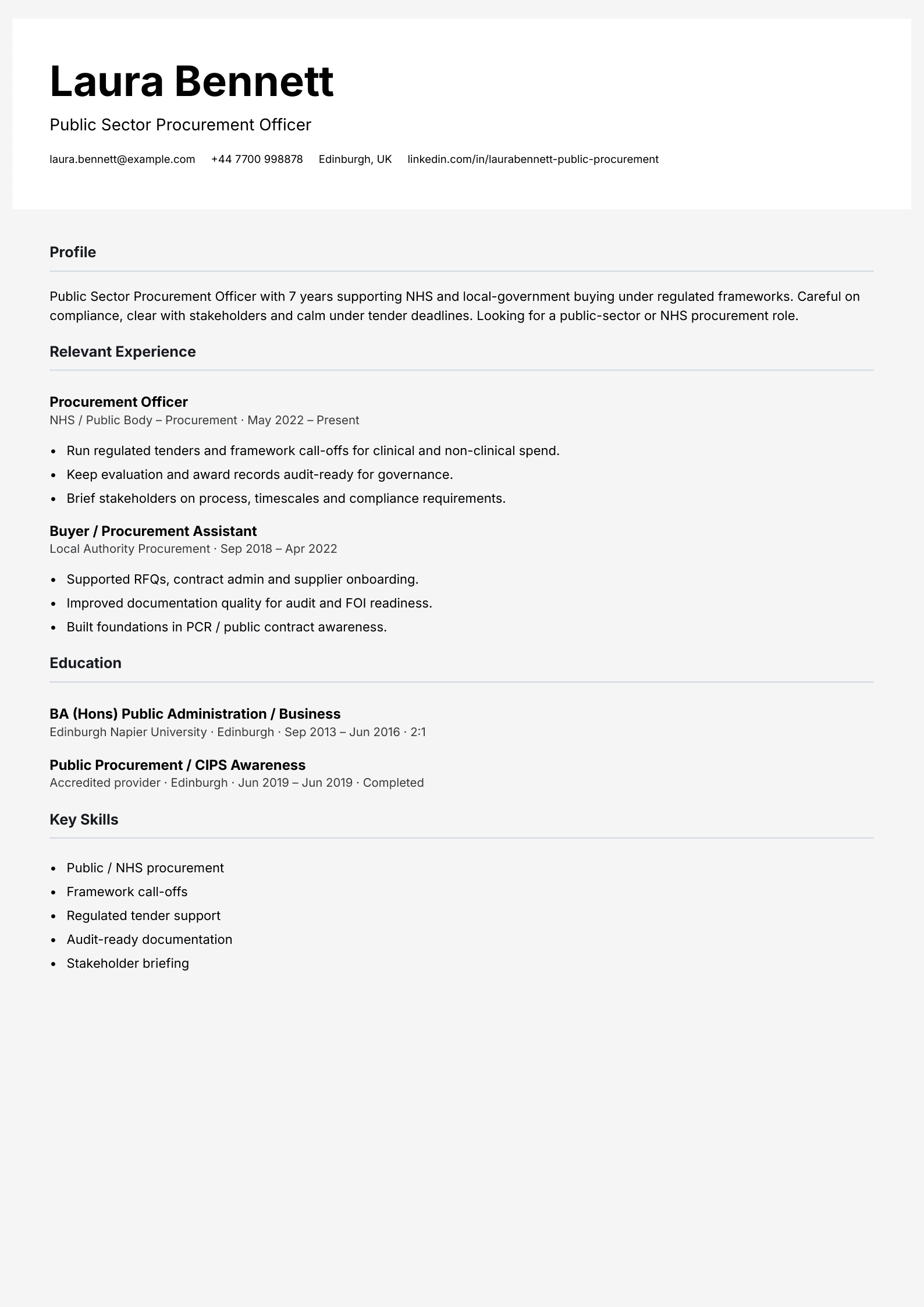 public sector procurement CV template