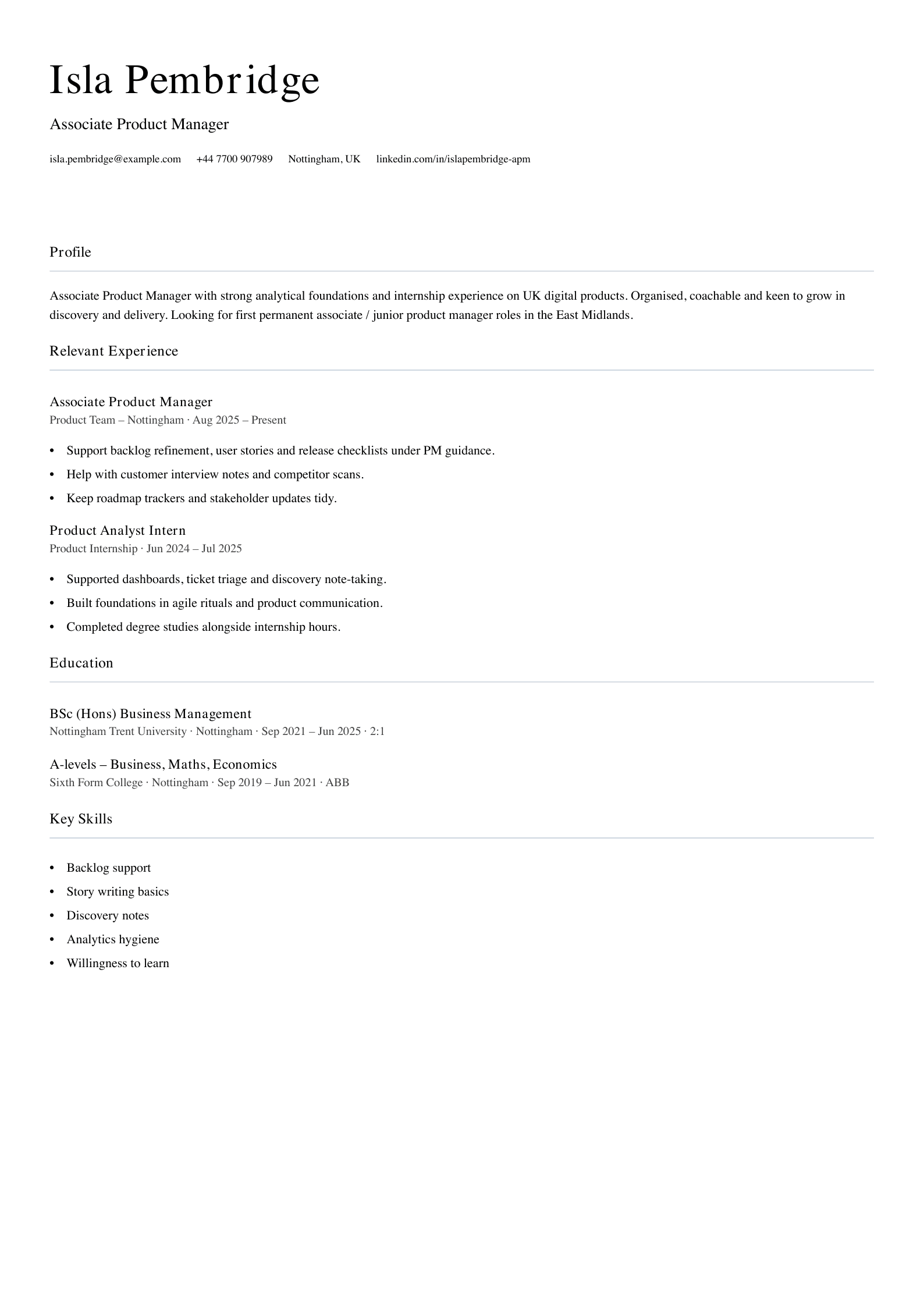 associate product manager CV template