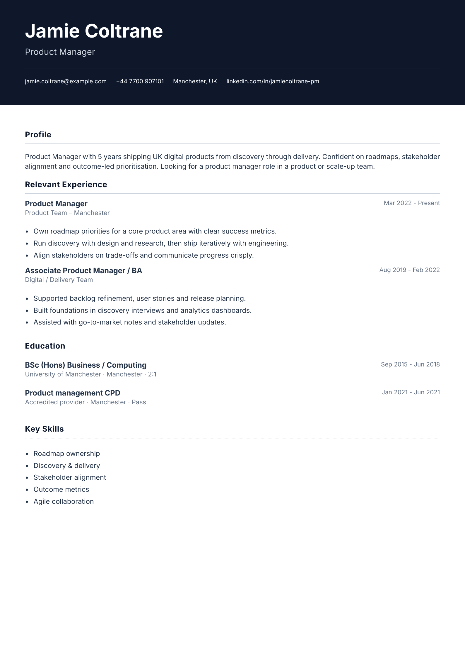 Product manager CV template