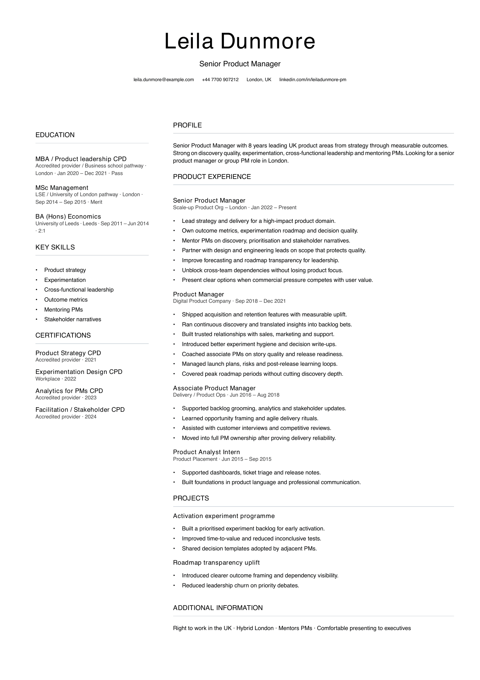 senior product manager CV template