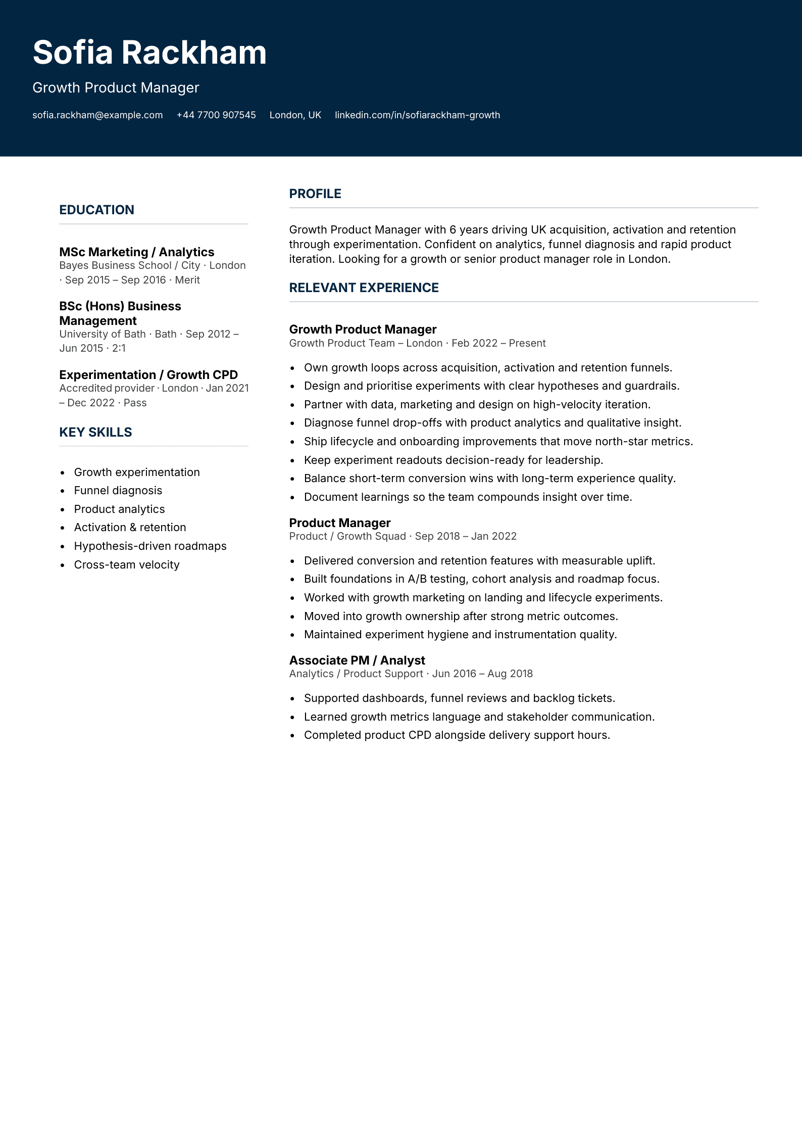 growth product manager CV template