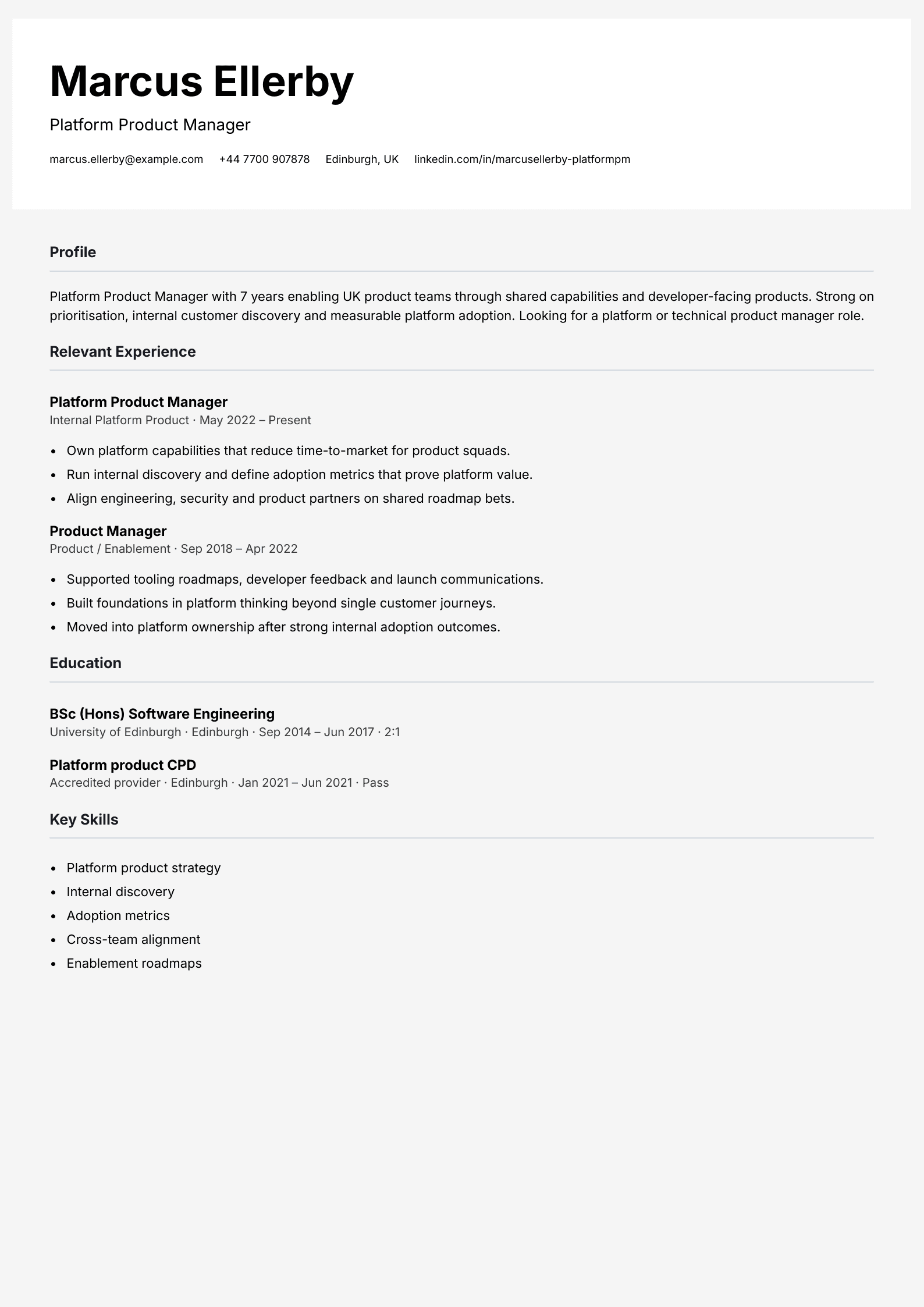 platform product manager CV template