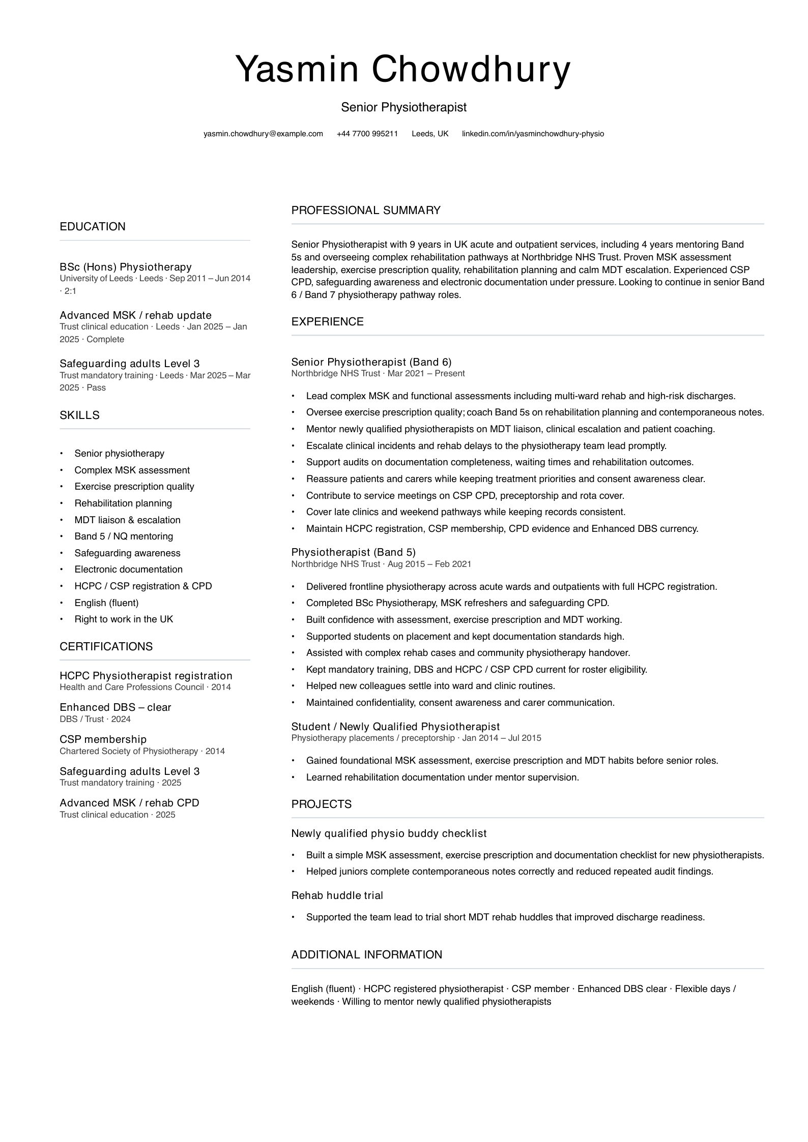 senior physiotherapist cv template