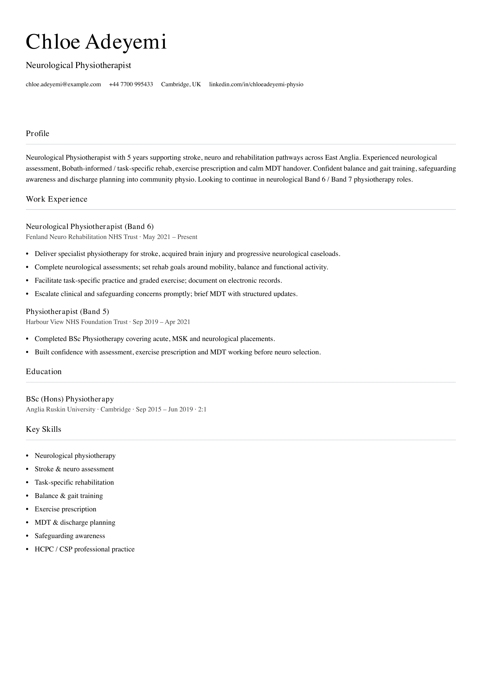 neurological physiotherapist cv template