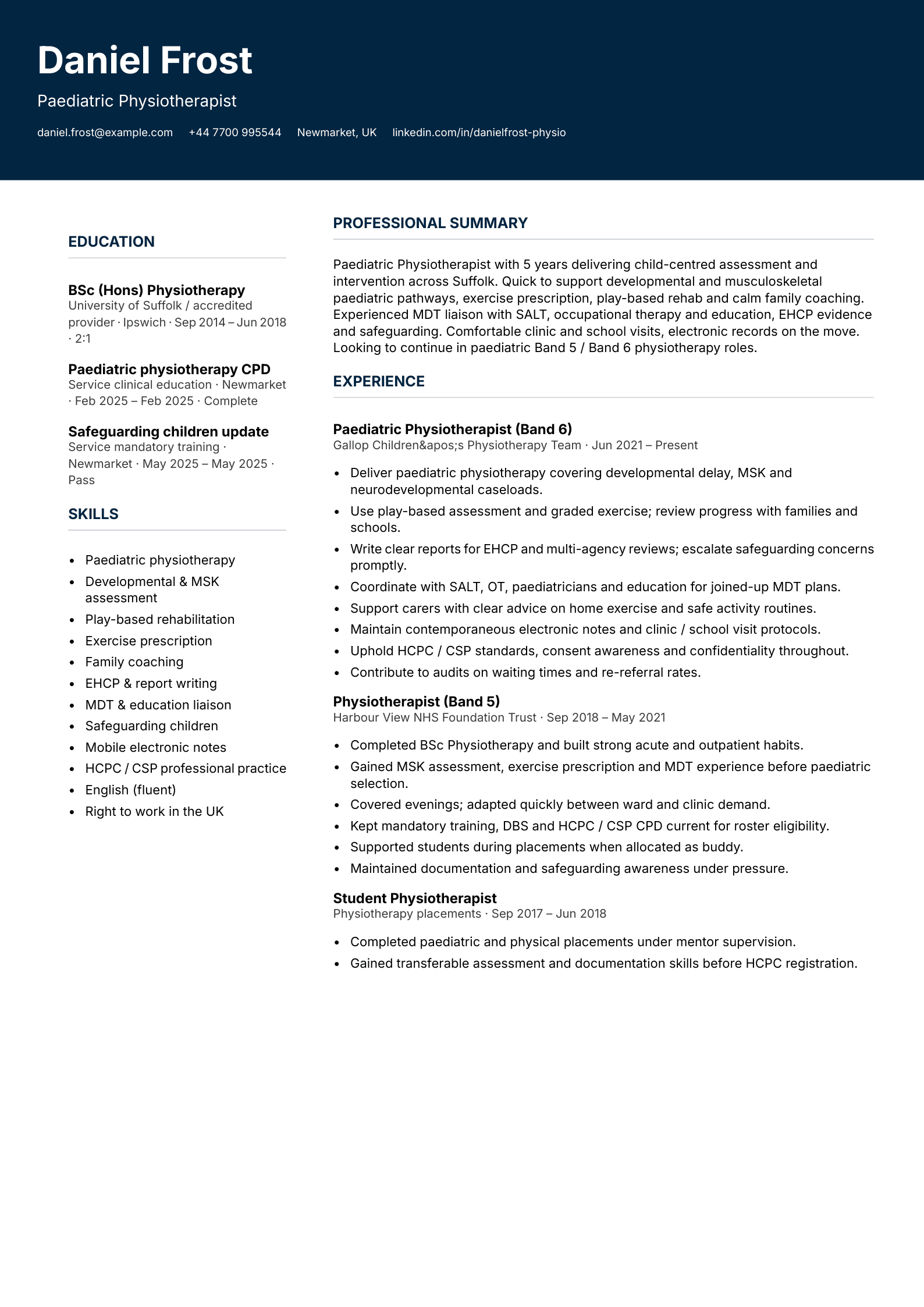 paediatric physiotherapist cv template