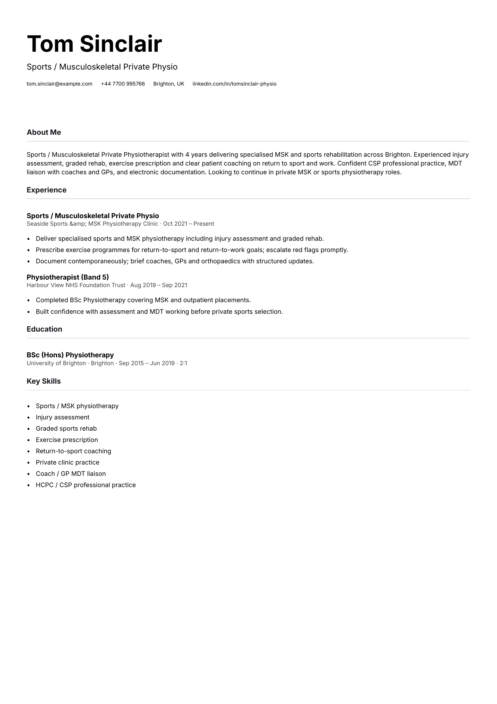 sports musculoskeletal private physiotherapist cv template