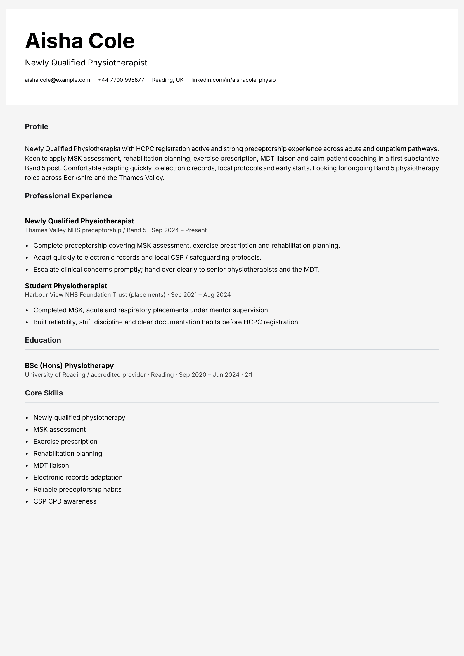 newly qualified physiotherapist cv template