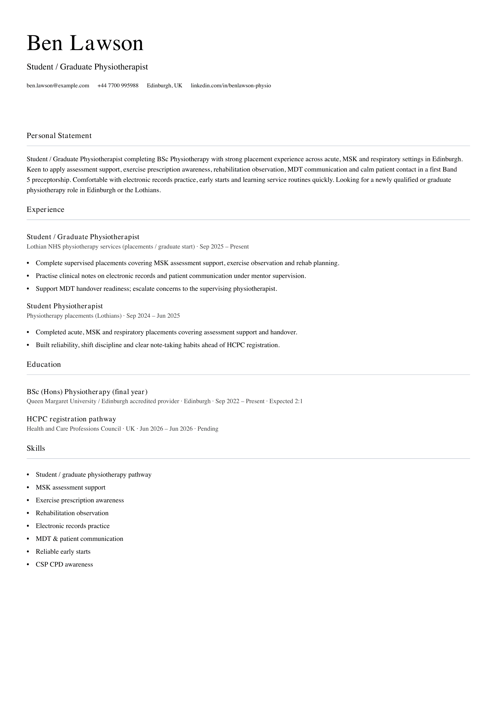 student graduate physiotherapist cv template